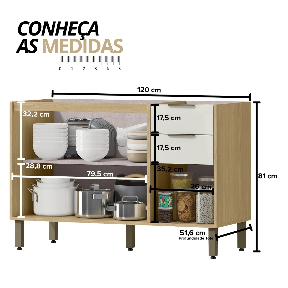 Balcão de Pia para Cozinha 3 Portas e 2 Gavetas 120cm (sem cuba) - Glória Castanho/Off White
