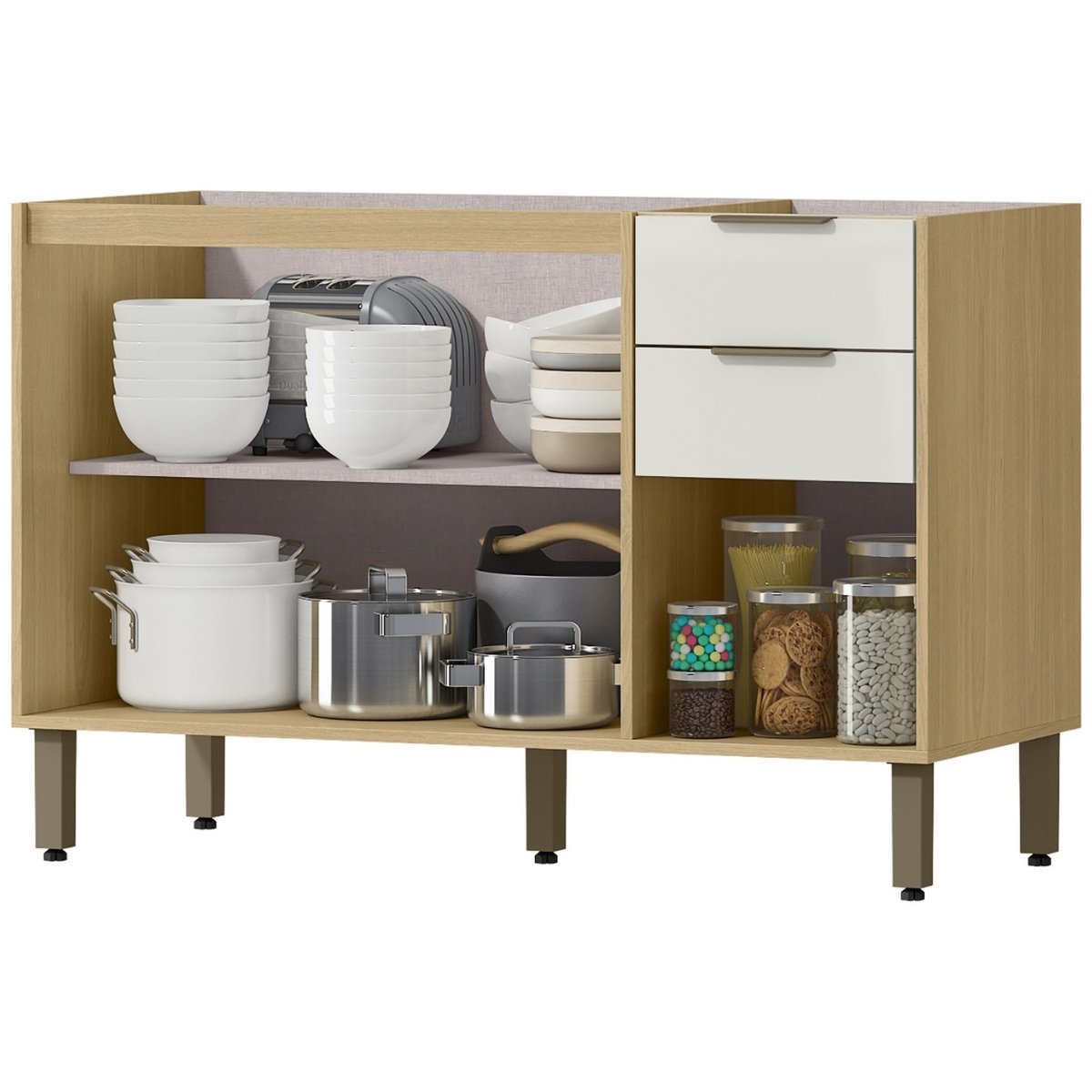 Balcão de Pia para Cozinha 3 Portas e 2 Gavetas 120cm (sem cuba) - Glória Castanho/Off White