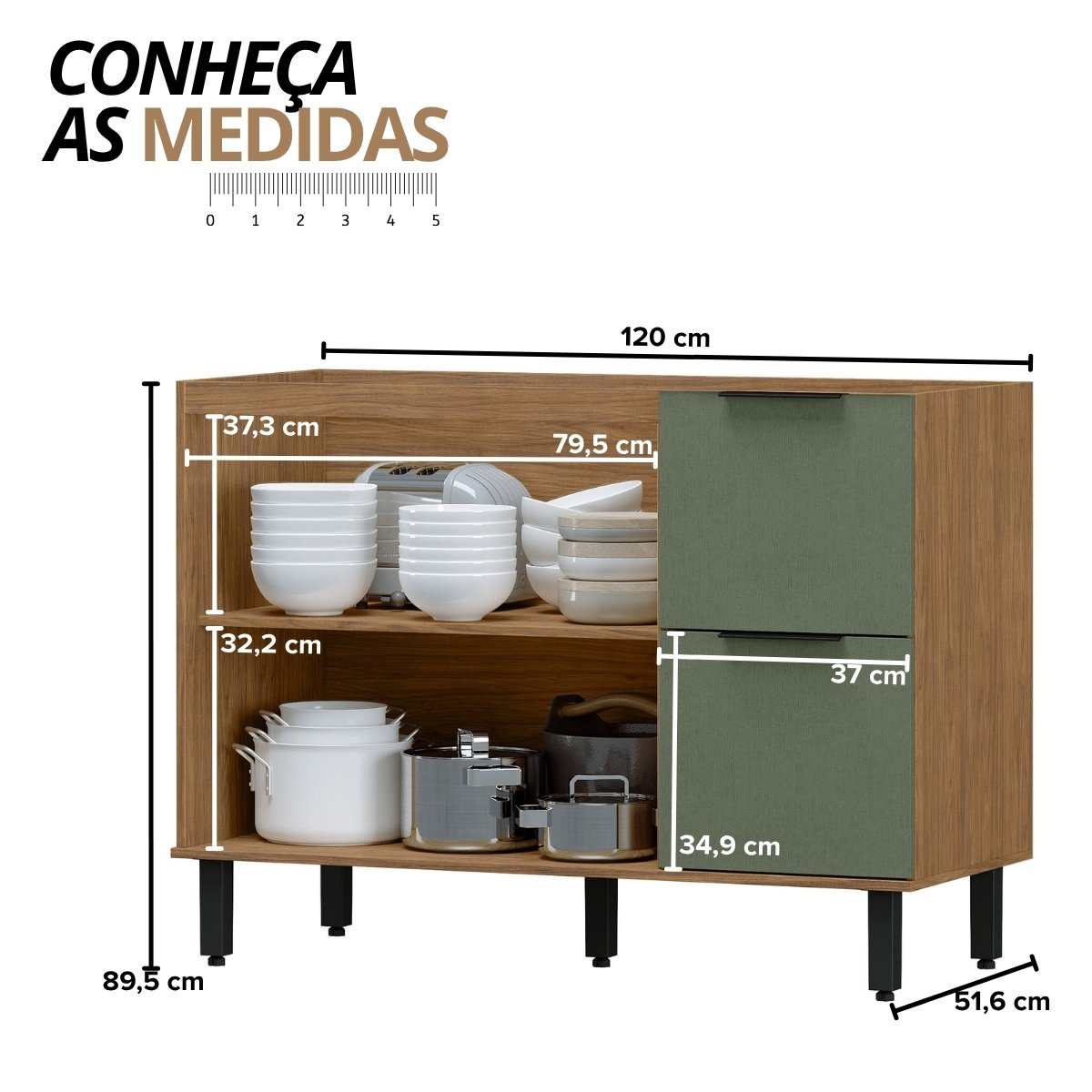 Balcão para Pia Módulo de Cozinha 120cm - Toscana Freijó/Jade
