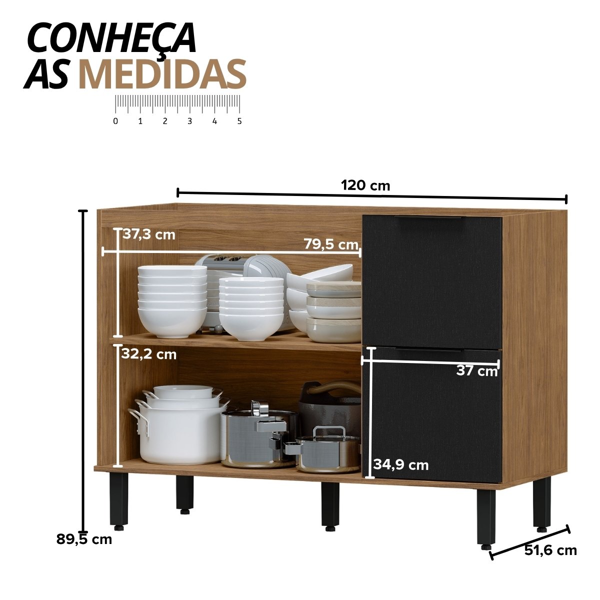 Balcão para Pia Módulo de Cozinha 120cm - Toscana Freijó/Nero