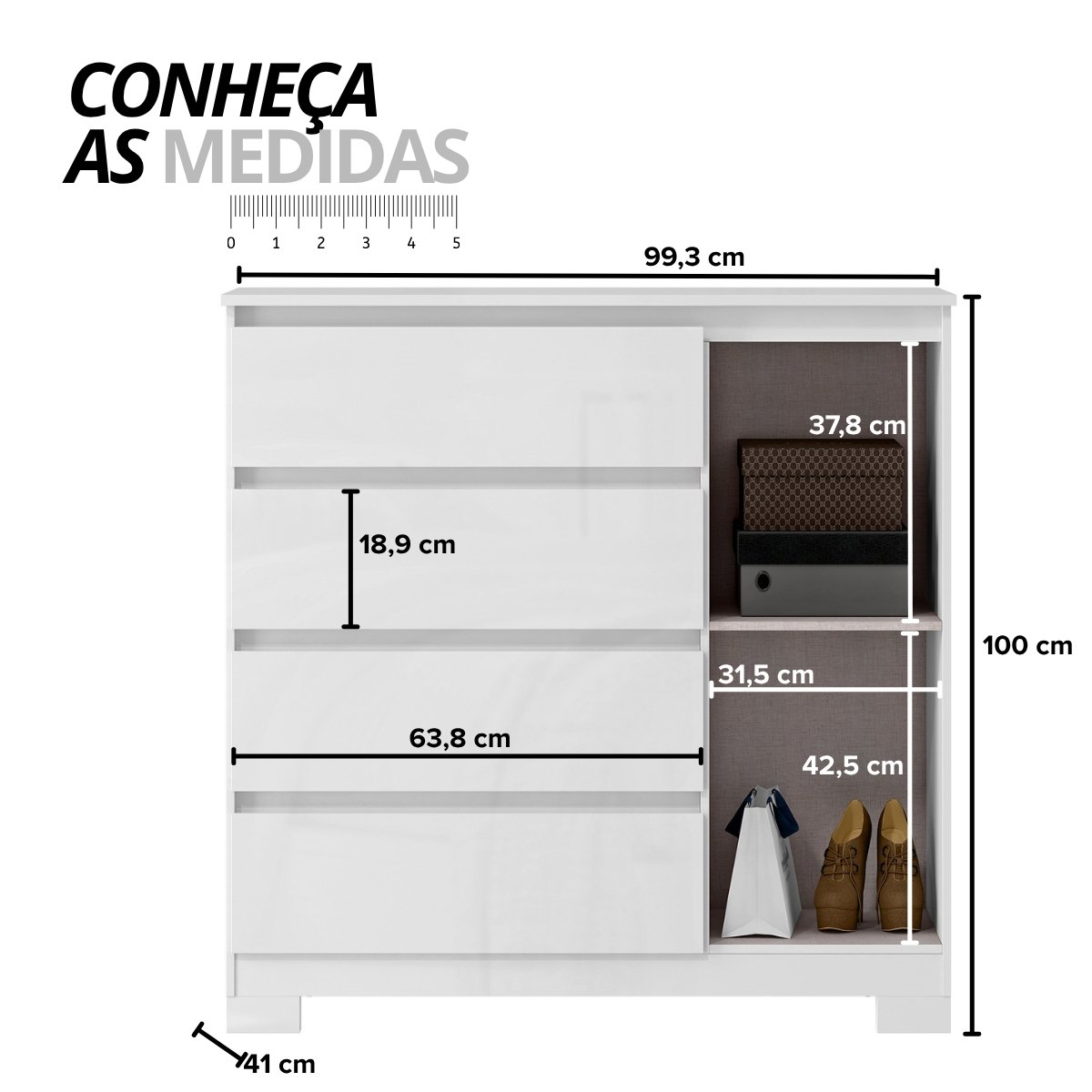 Cômoda para Quarto com 4 Gavetas e Armário - Vega Branco