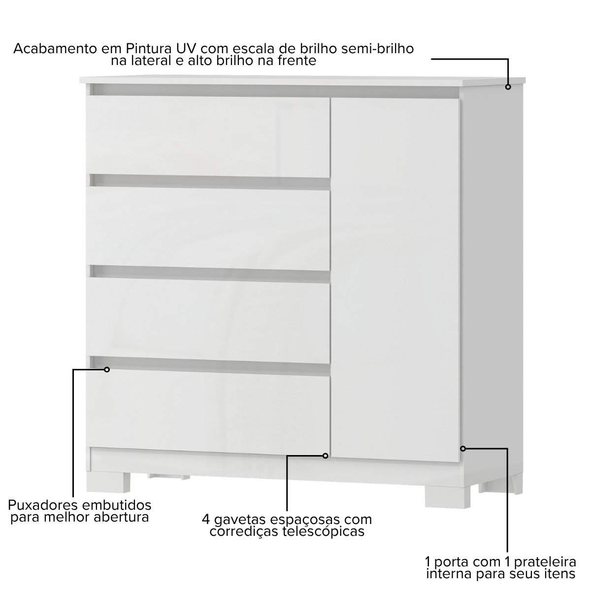 Cômoda para Quarto com 4 Gavetas e Armário - Vega Branco