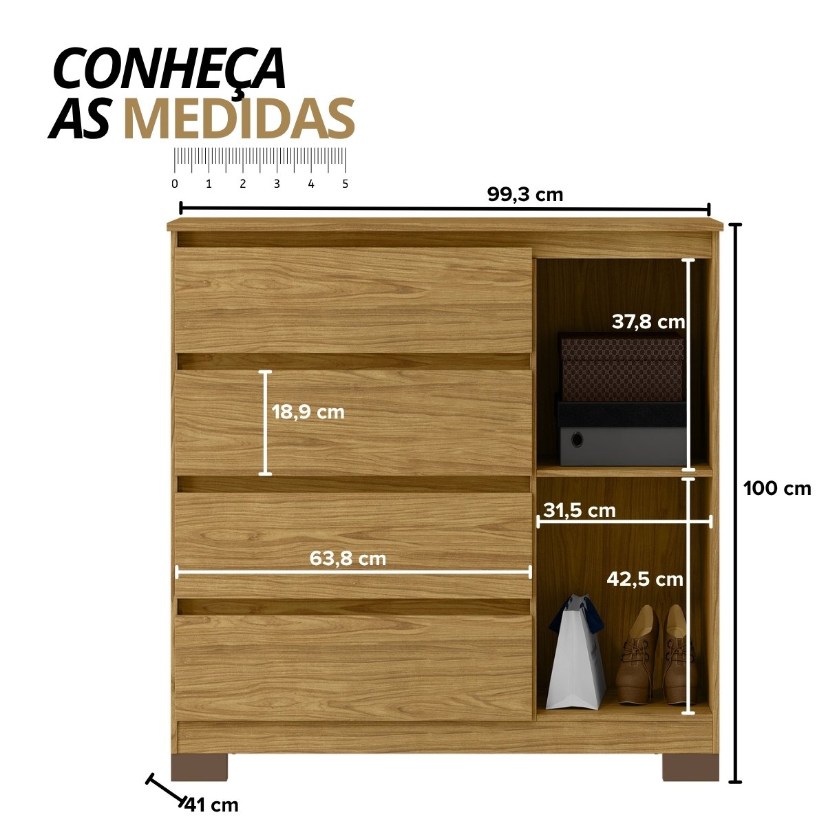 Cômoda para Quarto com 4 Gavetas e Armário - Vega Marrocos