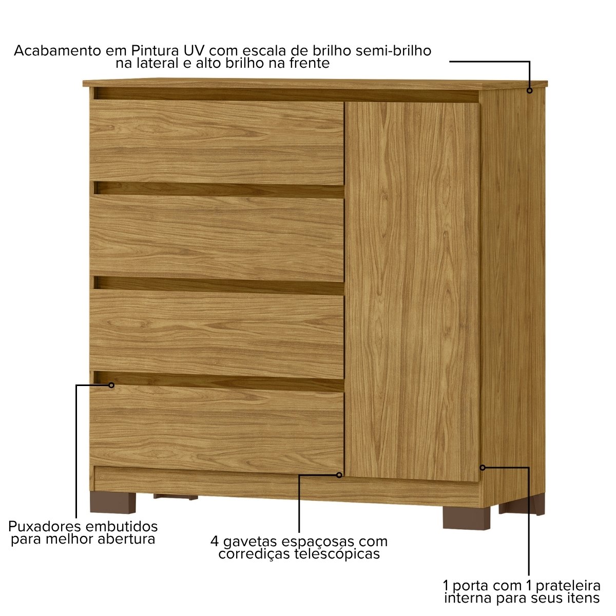 Cômoda para Quarto com 4 Gavetas e Armário - Vega Marrocos