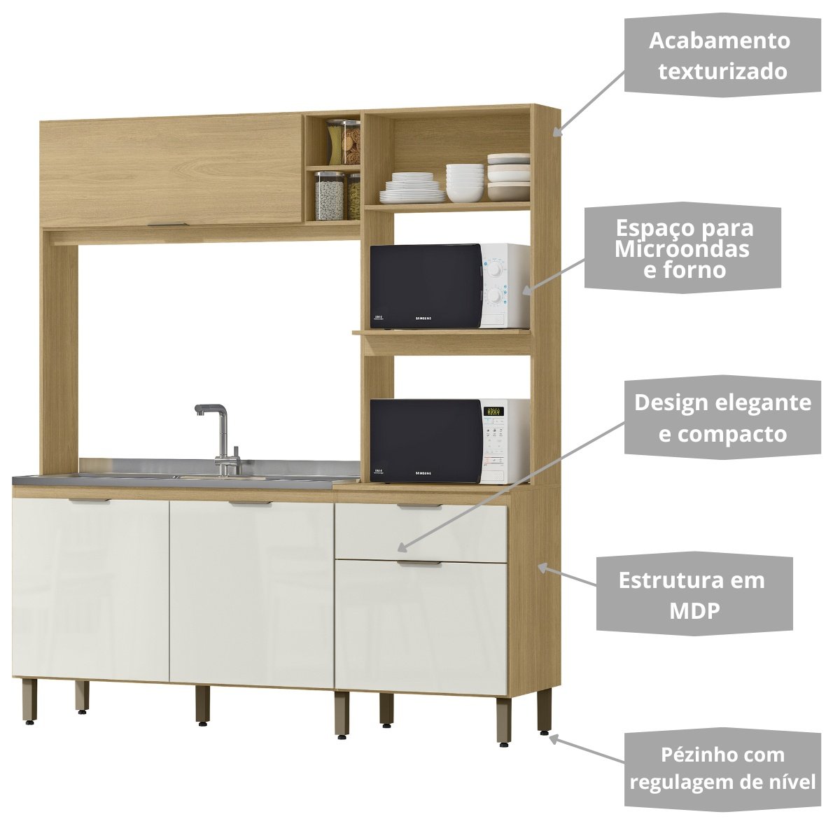 Cozinha Compacta com Torre Quente 4 Portas - Cloe Castanho/Off White