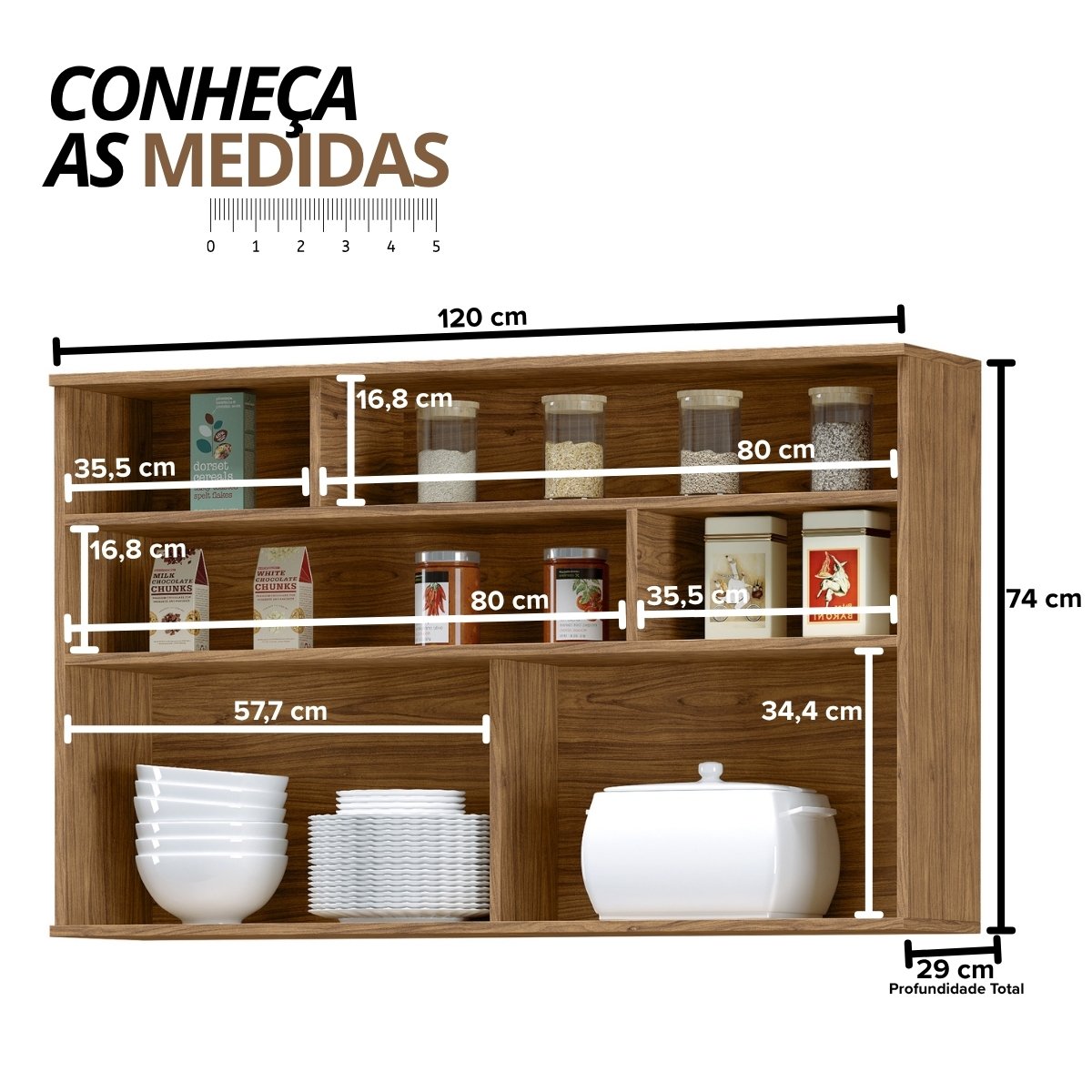 Módulo de Cozinha Armário Aéreo Com Vidro 1 Porta 120cm - Toscana Freijó