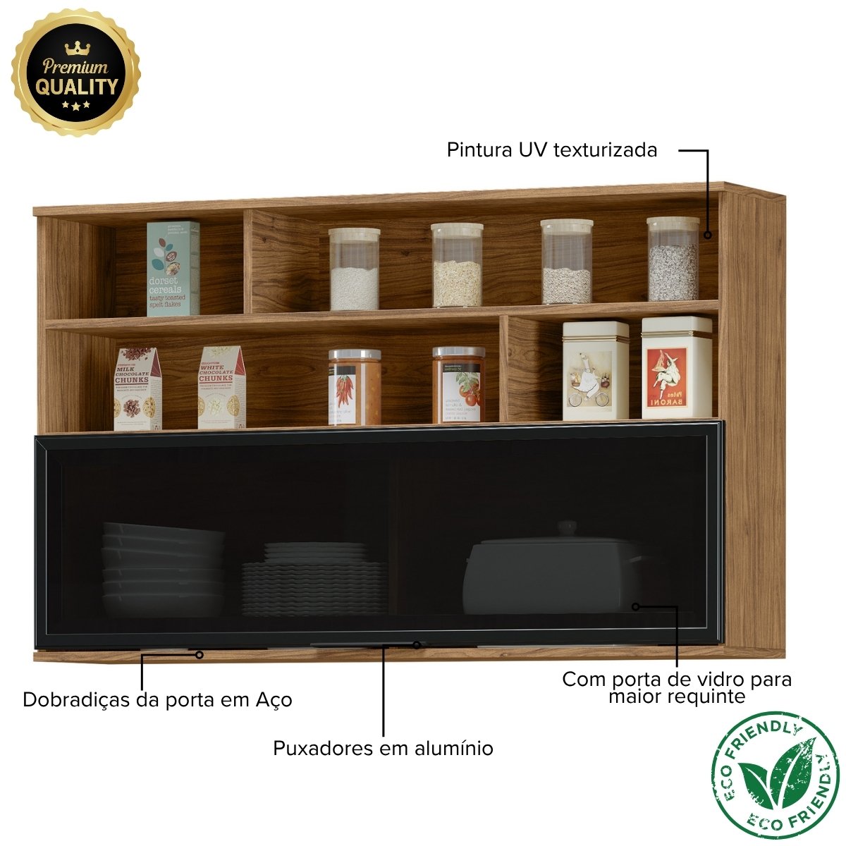 Módulo de Cozinha Armário Aéreo Com Vidro 1 Porta 120cm - Toscana Freijó