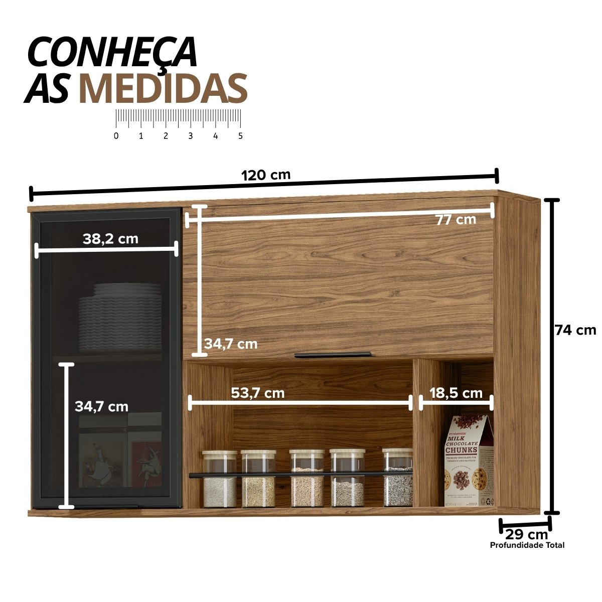 Módulo de Cozinha Armário Aéreo Com Vidro 2 Portas 120cm - Toscana Freijó