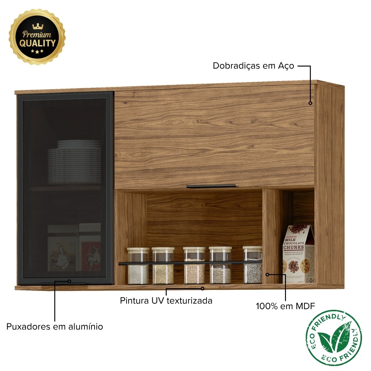 Módulo de Cozinha Armário Aéreo Com Vidro 2 Portas 120cm - Toscana Freijó