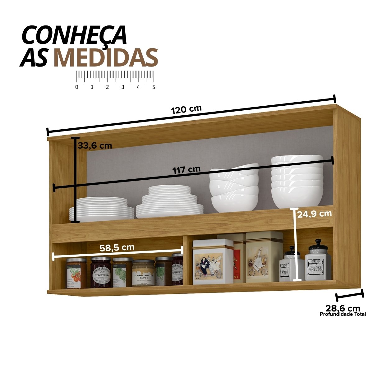 Módulo de Cozinha Armário Aéreo com Porta de Vidro 3 Nichos - Verace Marrocos/Off White