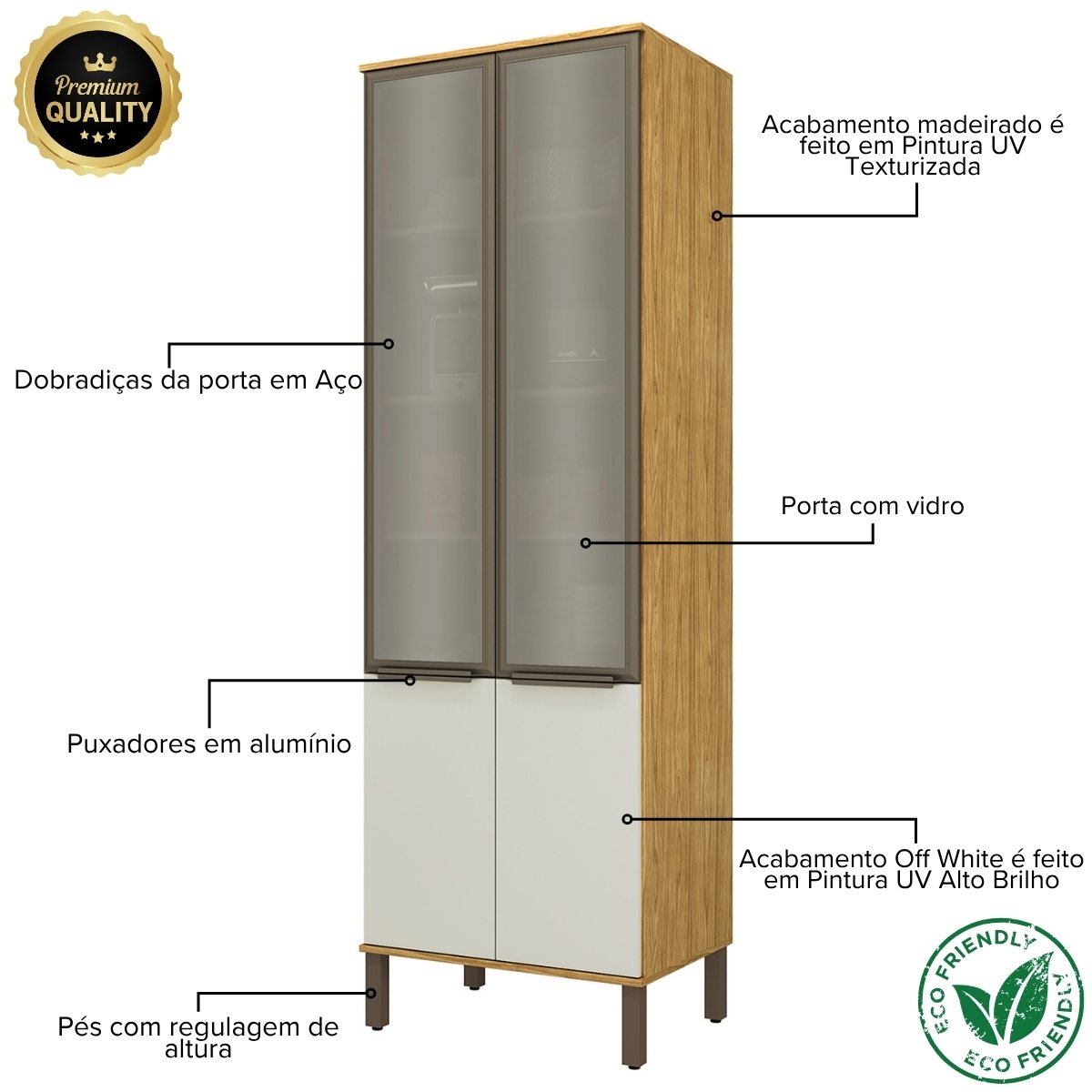 Paneleiro e Cristaleira para Cozinha com Armário de Vidro 4 Portas - Verace Marrocos/Off White