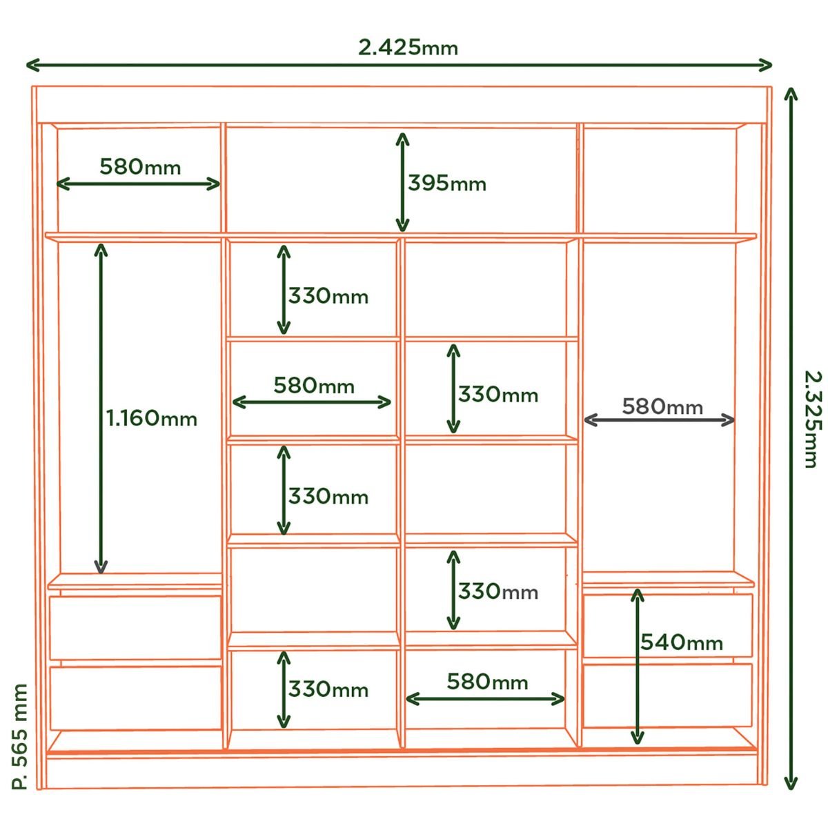 Roupeiro Seul 2 Portas Deslizantes 100% MDF Freijó/Nero