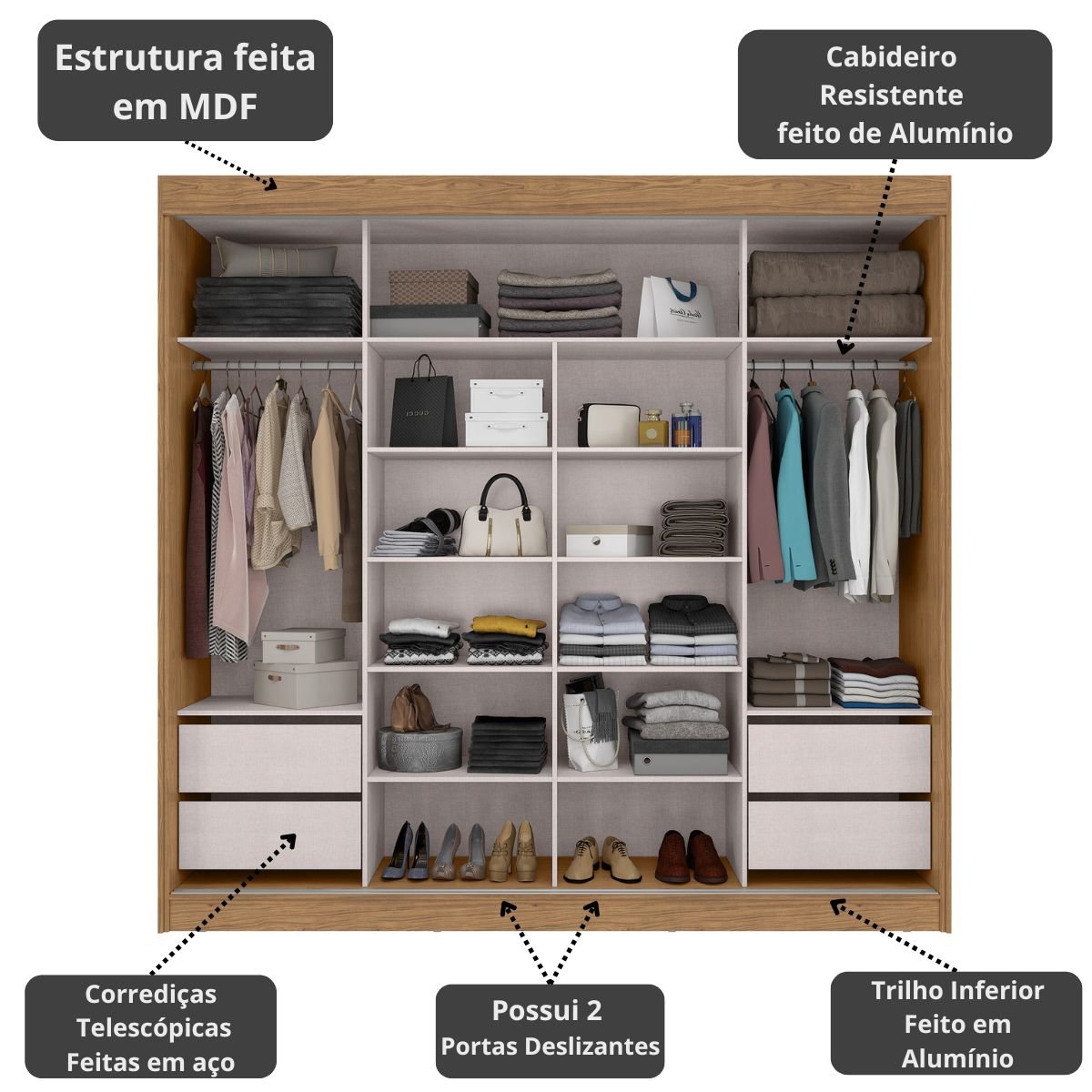 Roupeiro Seul 2 Portas Deslizantes 100% MDF Freijó/Nero