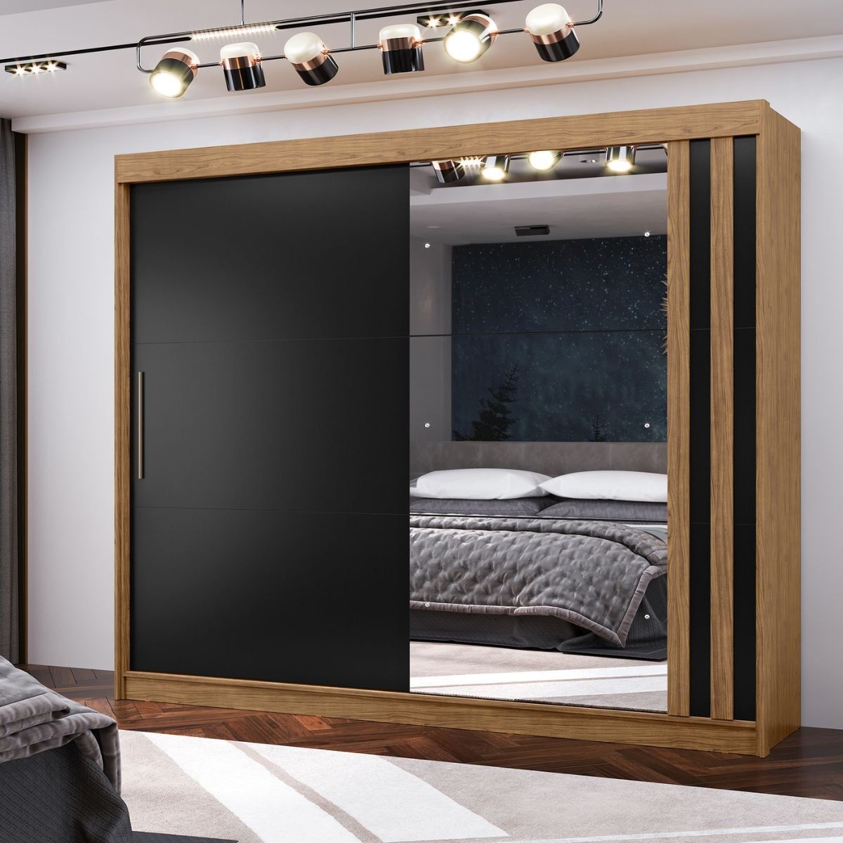 Roupeiro Seul 2 Portas Deslizantes Espelhado 100% MDF Freijó/Nero