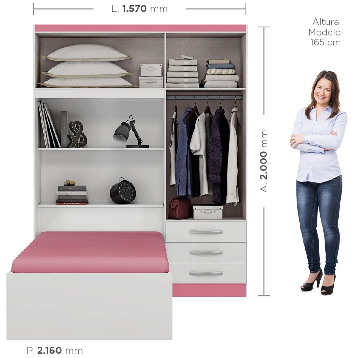 Roupeiro com Cama Lisboa 4 Portas Branco/Pink