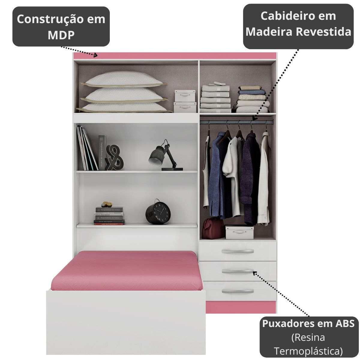Roupeiro com Cama Lisboa 4 Portas Branco/Pink