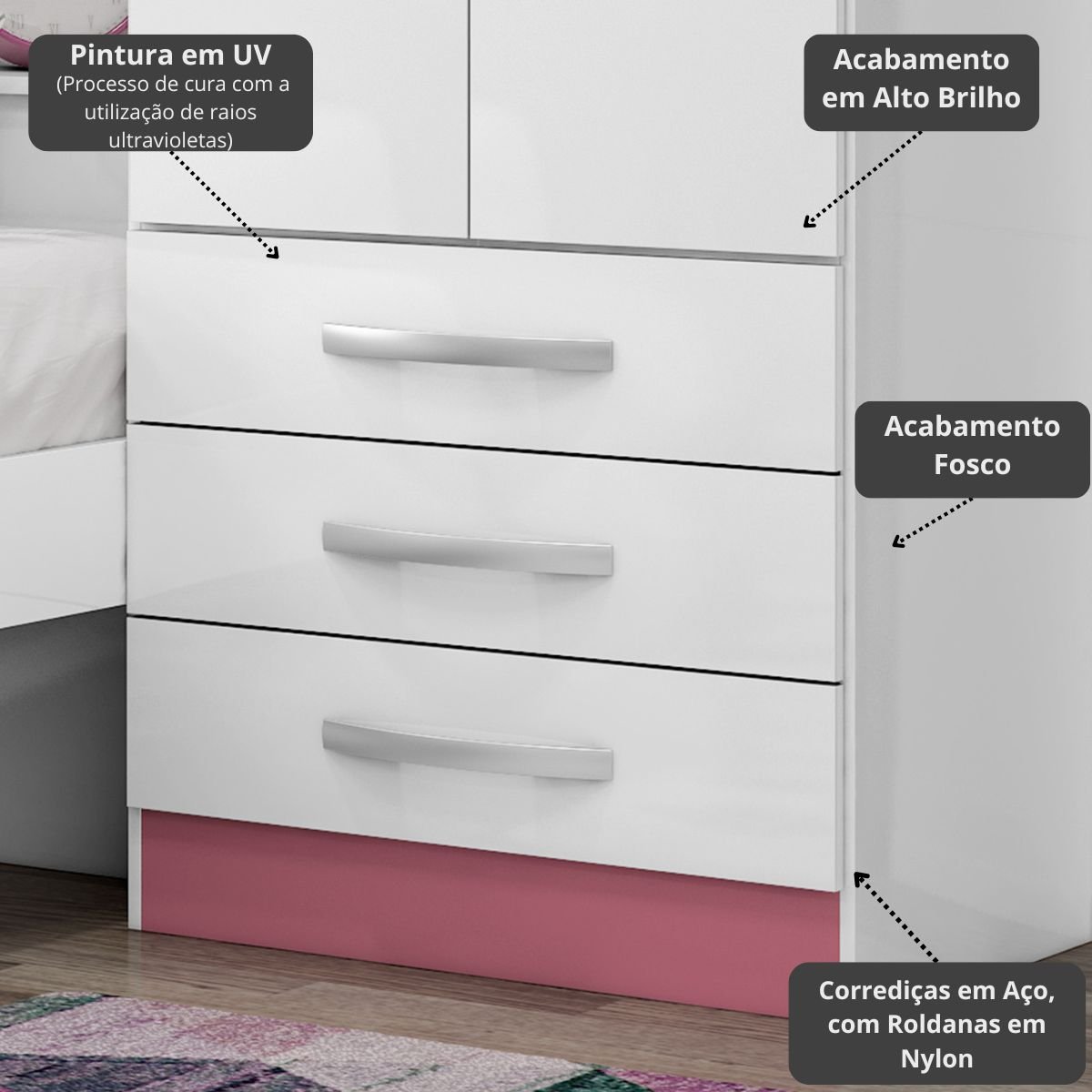 Roupeiro com Cama Lisboa 4 Portas Branco/Pink