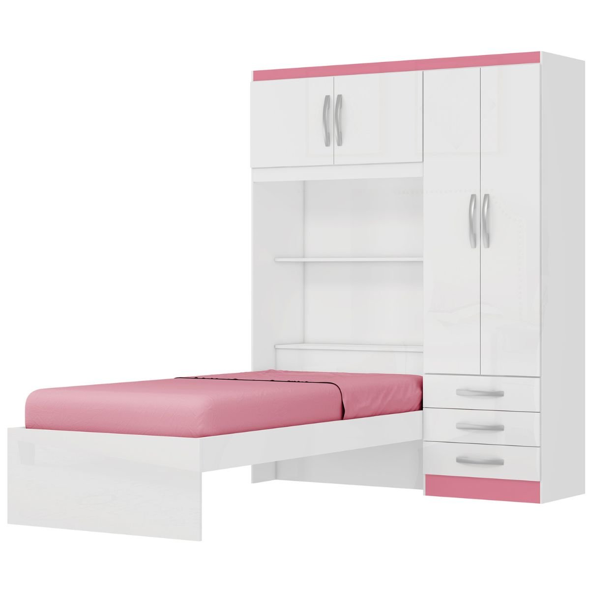 Roupeiro com Cama Lisboa 4 Portas Branco/Pink
