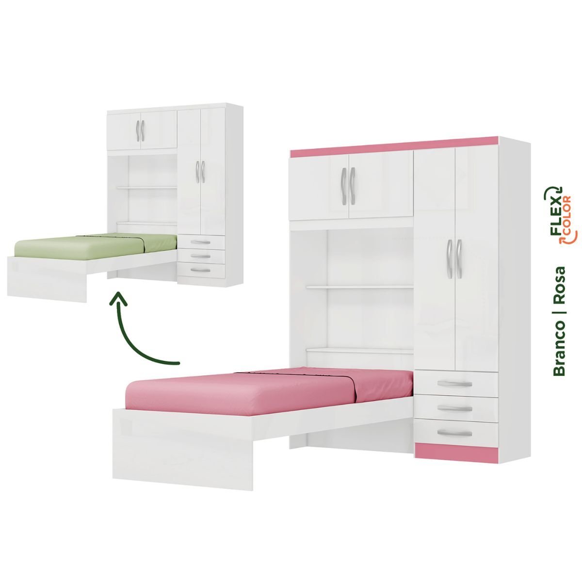 Roupeiro com Cama Lisboa 4 Portas Branco/Pink