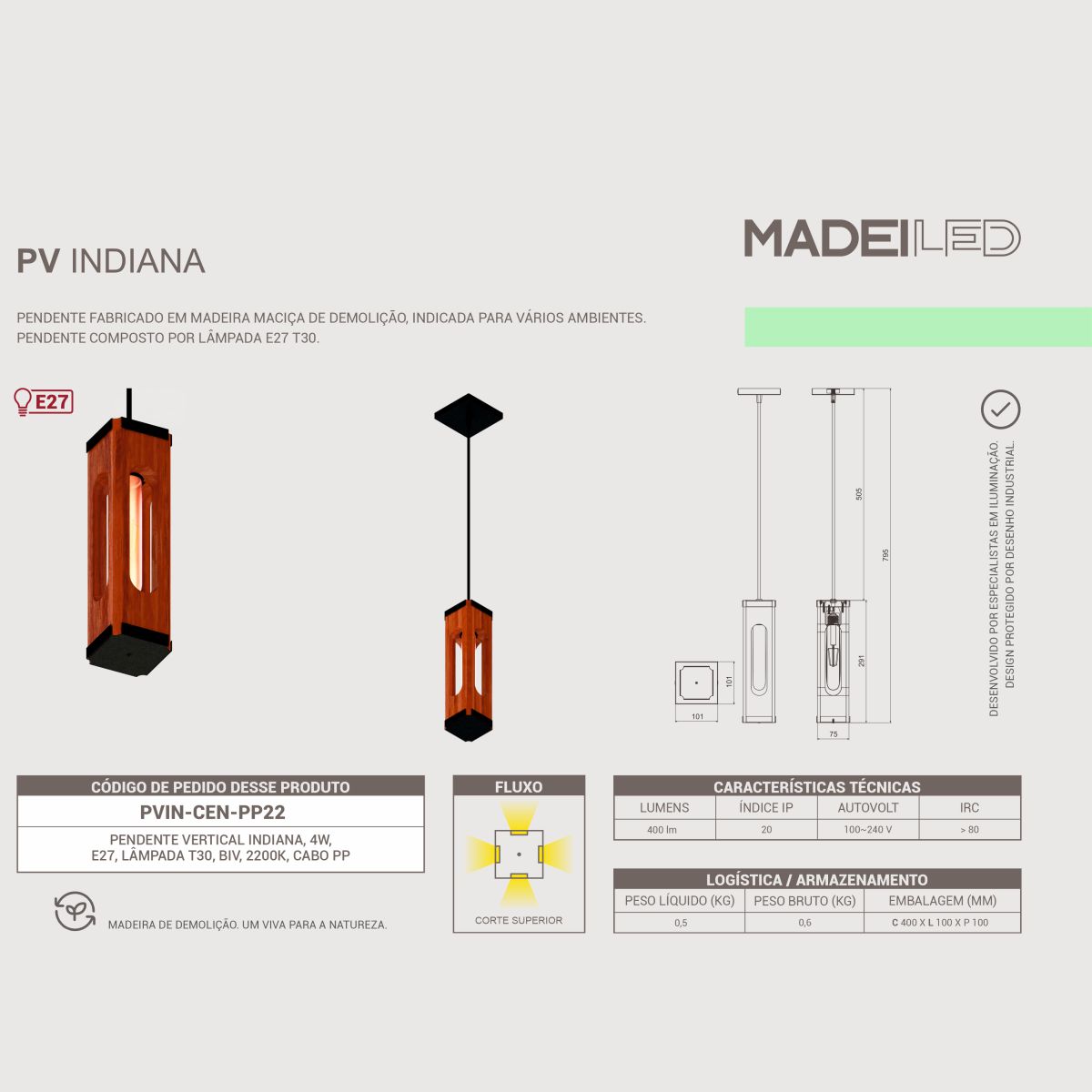 2 Luminária Pendente Indiana Moderno em Madeira com Lâmpada T30
