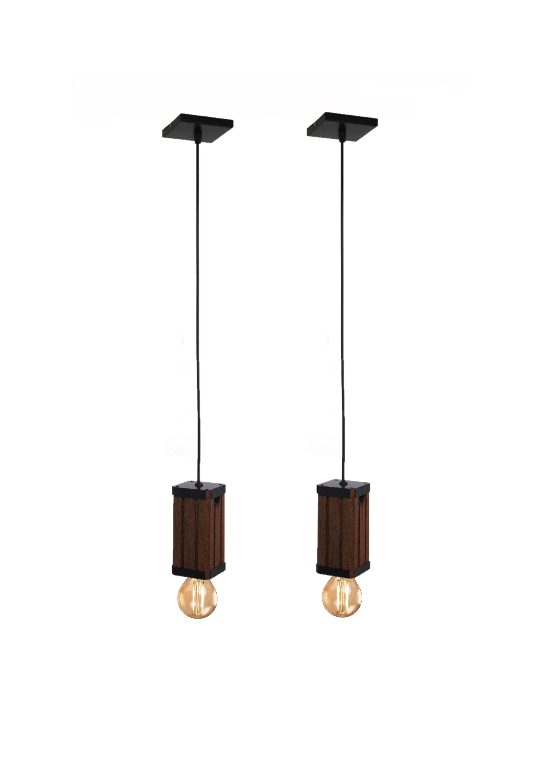 2 Pendente Vertical Madeira Capella Cabo Pp Lâmpada 4w Ambar