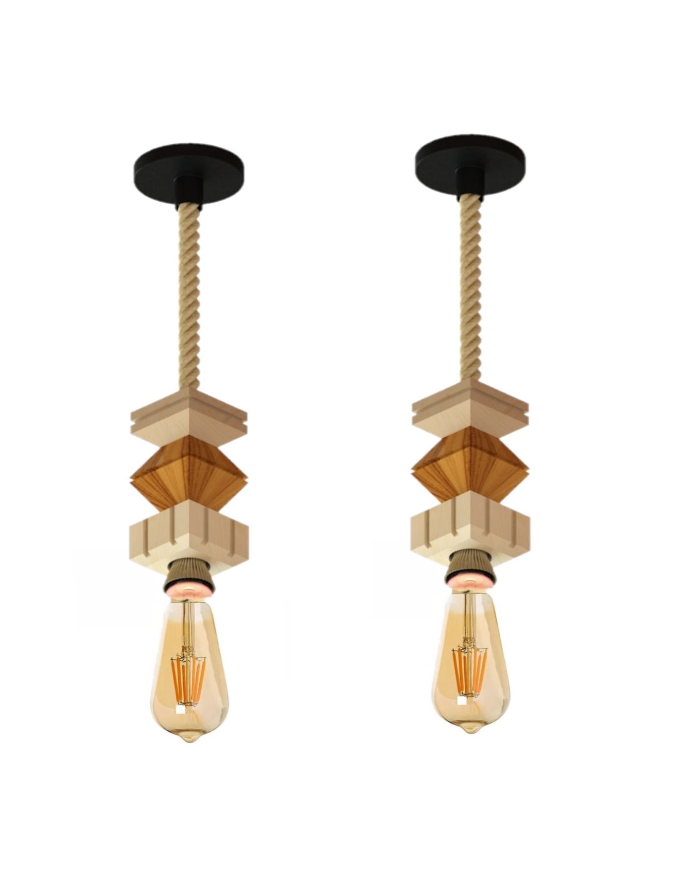 2 Pendentes Verticais de Madeira Corda Jaspe com Lâmpada 4W Âmbar