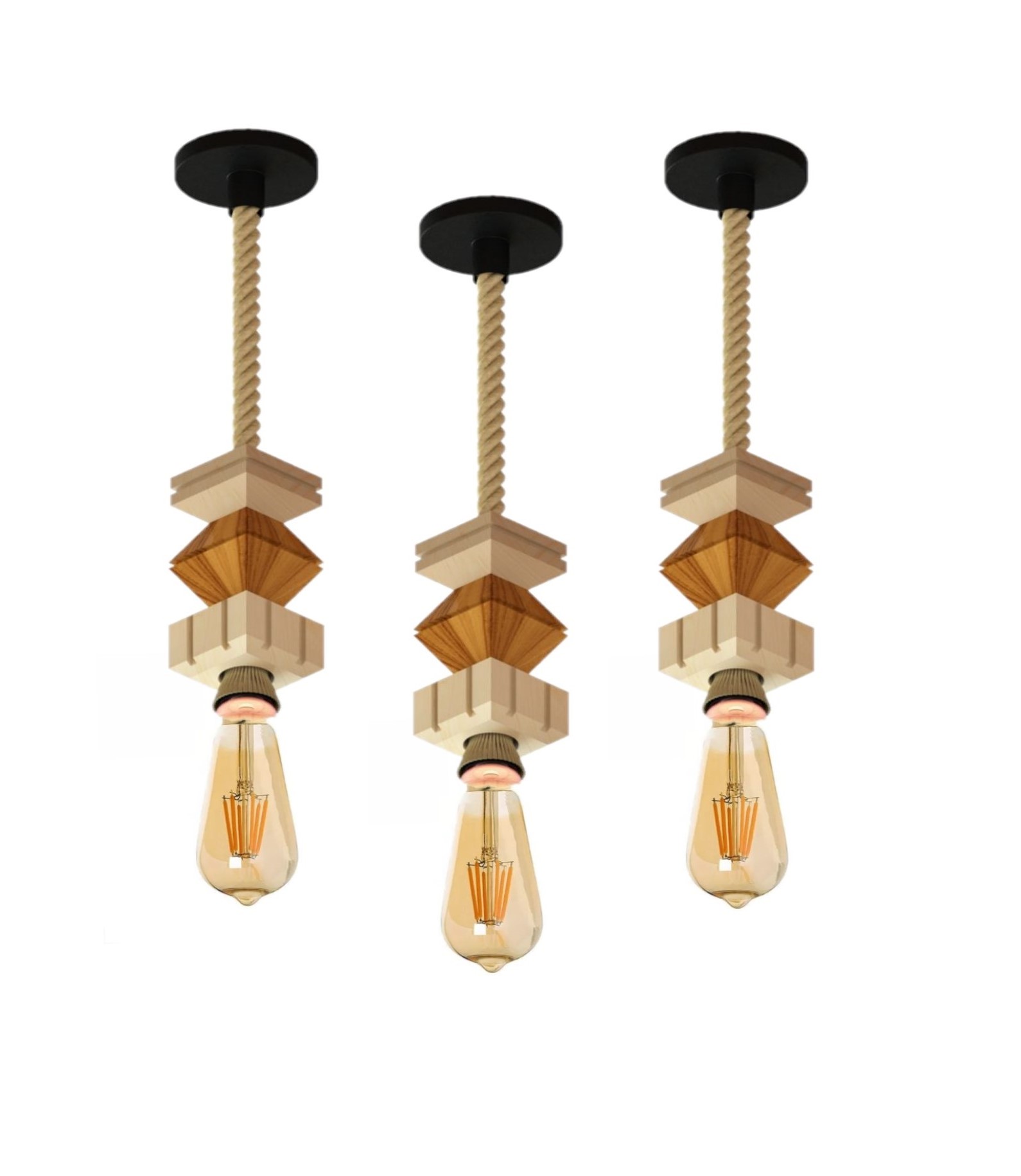 3 Pendentes Verticais de Madeira com Corda Jaspe com Lampada