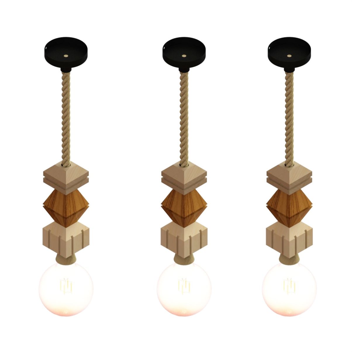 3 Pendentes Verticais de Madeira com Corda Jaspe com Lampada