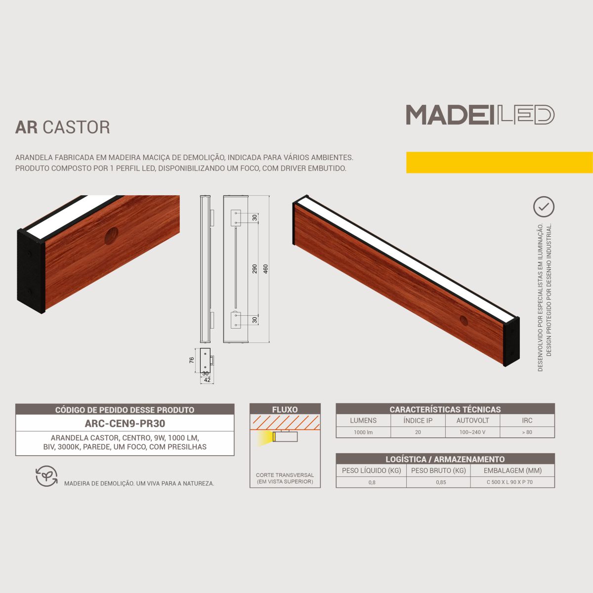 Arandela Castor Led 9w Madeira de Demolição Bivolt MADEILED