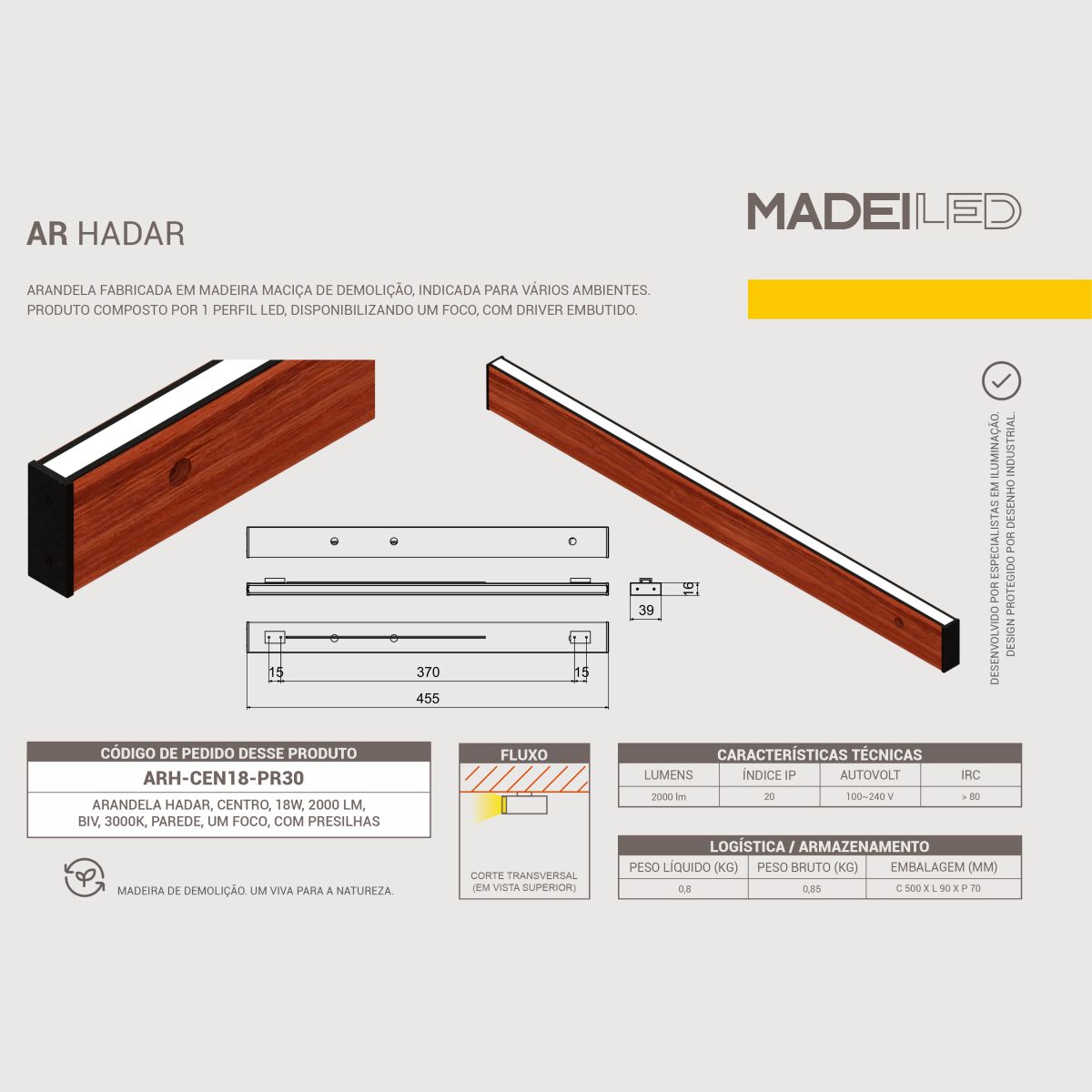 Arandela Hadar 18w Bivolt Madeira Maciça - Um Foco
