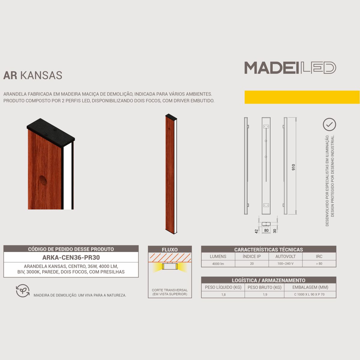 Arandela Kansas 36W Dois Focos Madeira Maciça Iluminação Decorativa