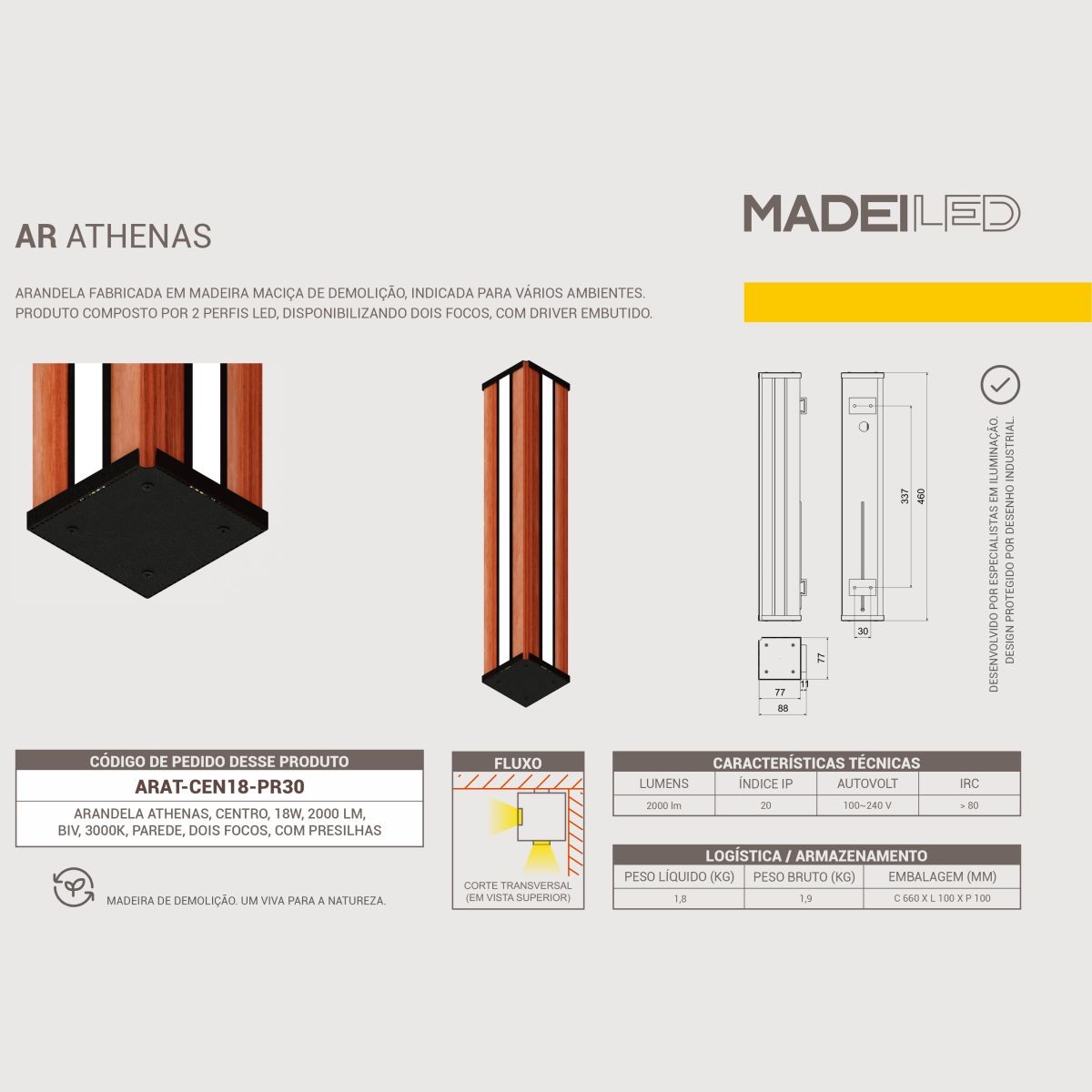 Arandela Led Athenas 18w Bivolt Dois Focos Madeira Maciça