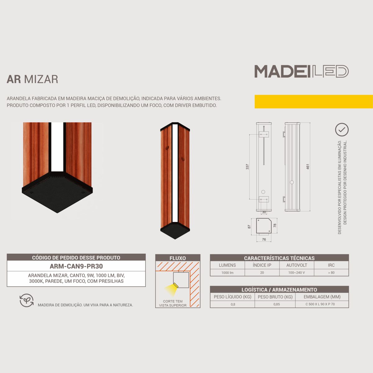 Arandela Led Mizar em Madeira de Demolição 9w 1 Foco