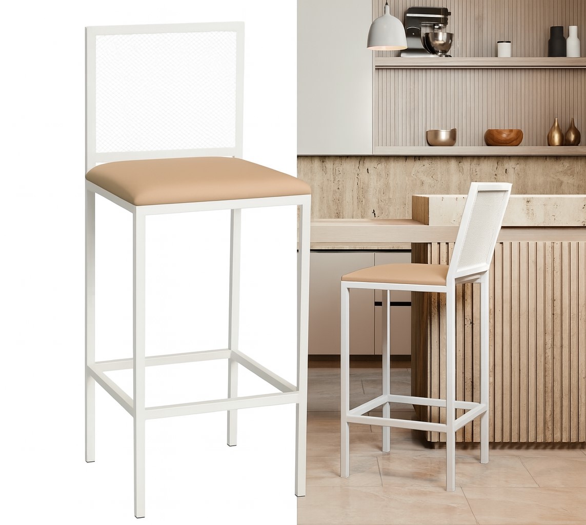 Banqueta Alta Angola Branca com Encosto Aço e Assento Estofado Corino Cozinha Bar Gourmet 99cm