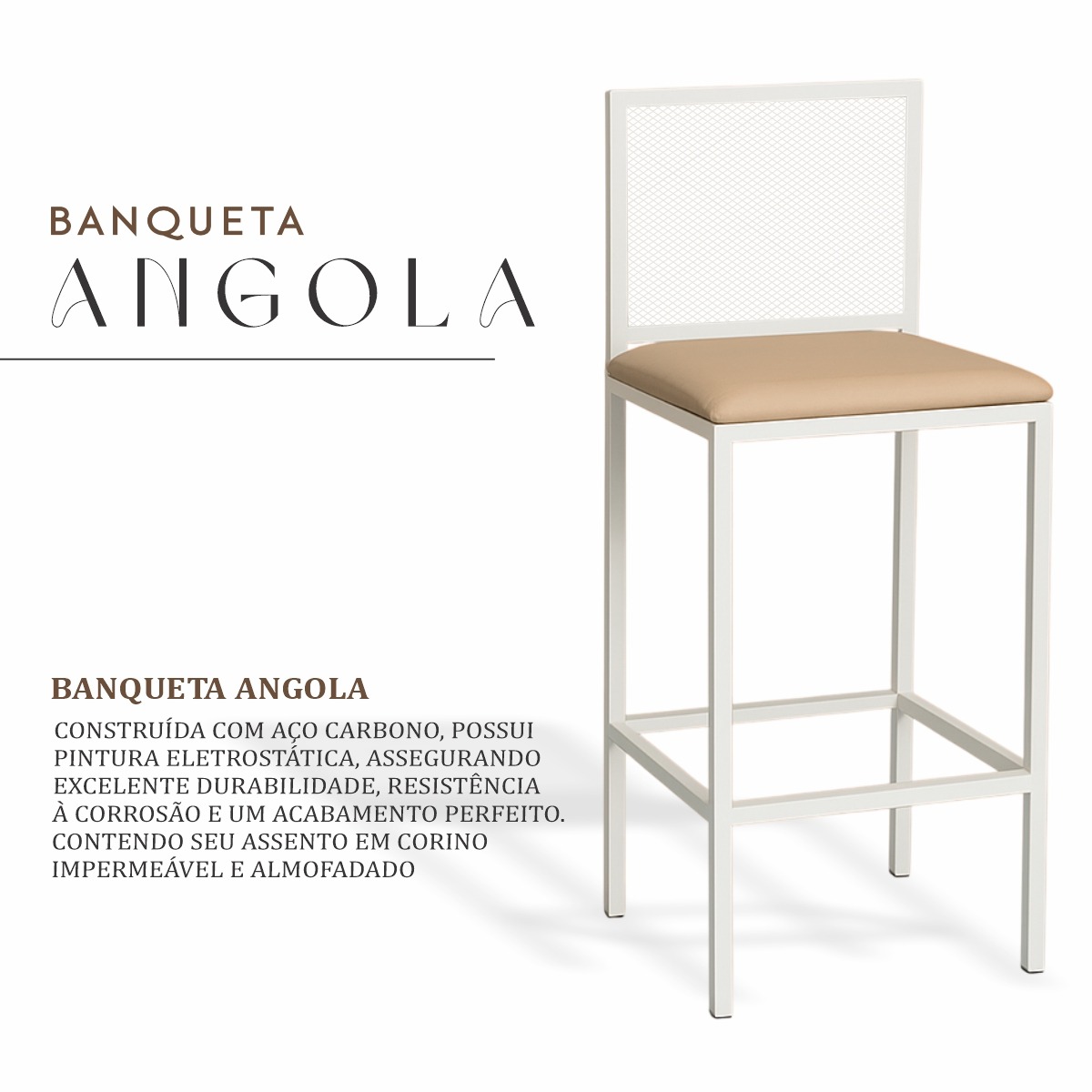 Banqueta Alta Angola Branca com Encosto Aço e Assento Estofado Corino Cozinha Bar Gourmet 99cm