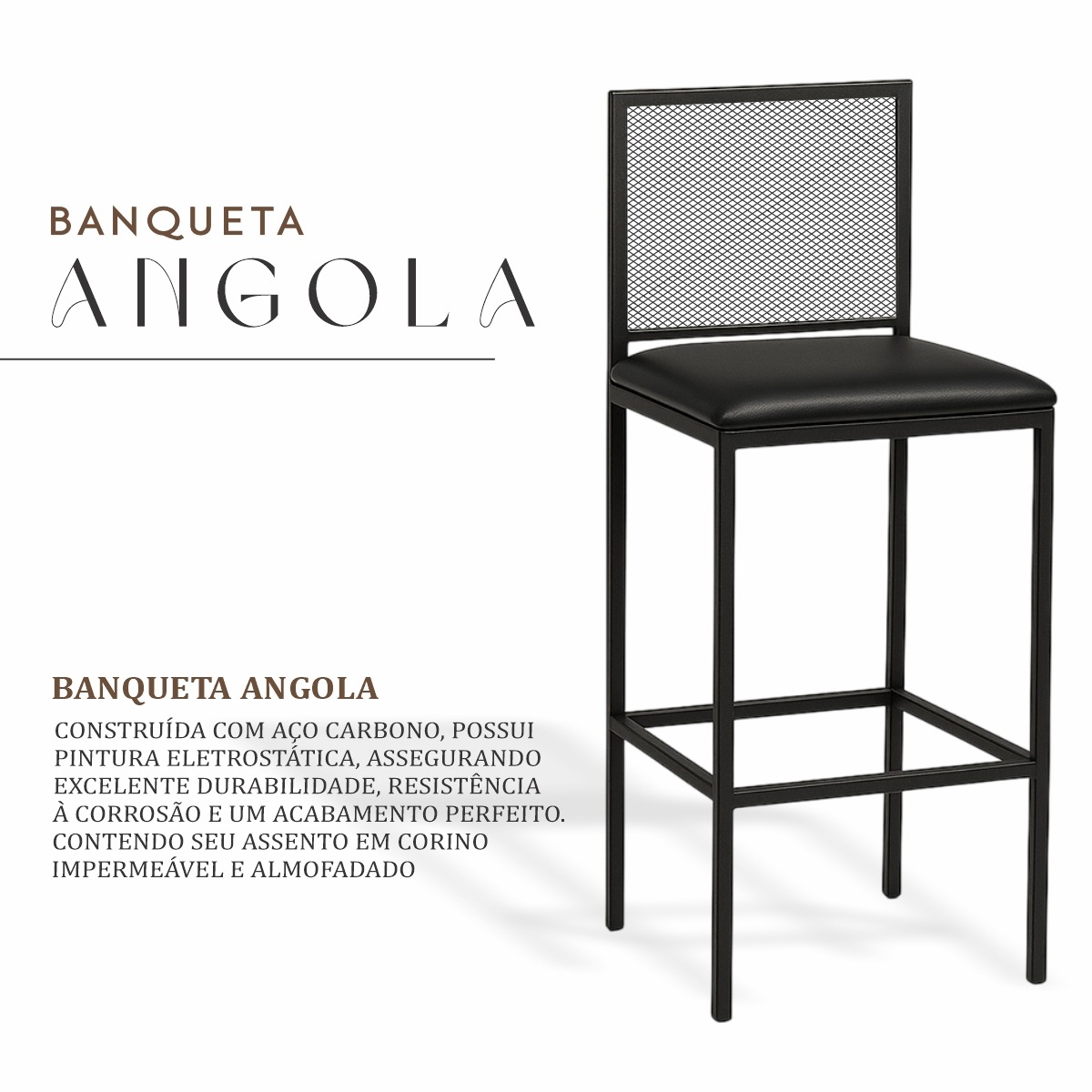 Banqueta Alta Angola Preta com Encosto Aço e Assento Estofado Corino Cozinha Bar Gourmet 99cm