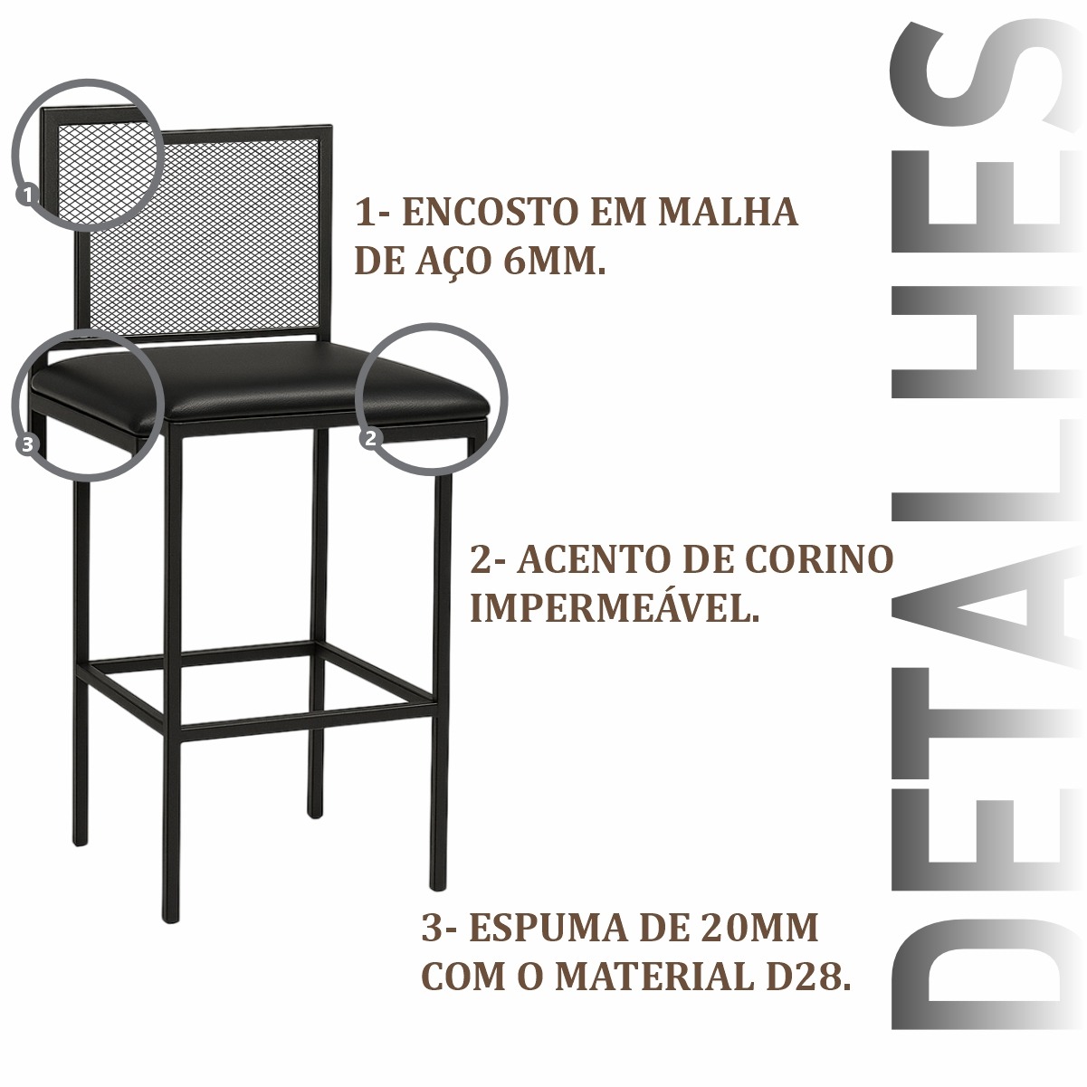 Banqueta Alta Angola Preta com Encosto Aço e Assento Estofado Corino Cozinha Bar Gourmet 99cm