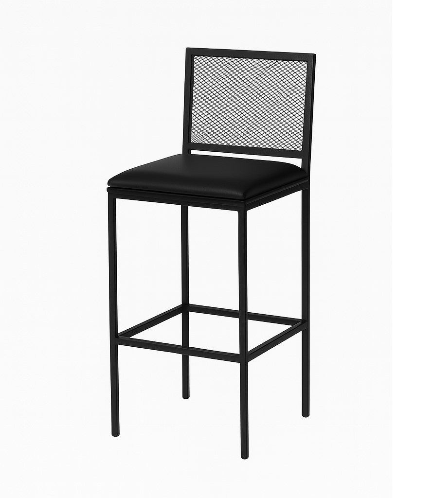 Banqueta Alta Angola Preta com Encosto Aço e Assento Estofado Corino Cozinha Bar Gourmet 99cm