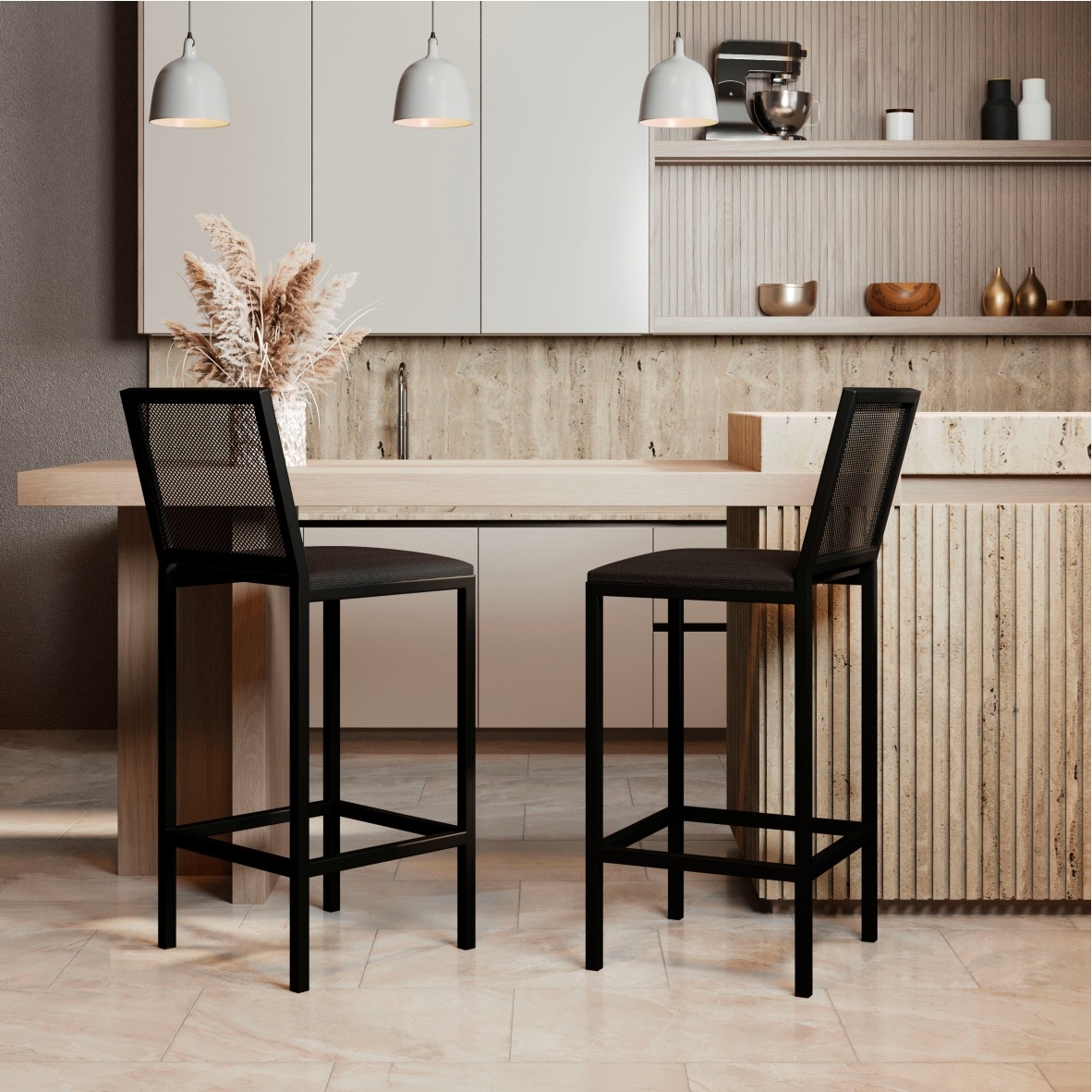 Banqueta Alta Angola Preta com Encosto Aço e Assento Estofado Corino Cozinha Bar Gourmet 99cm