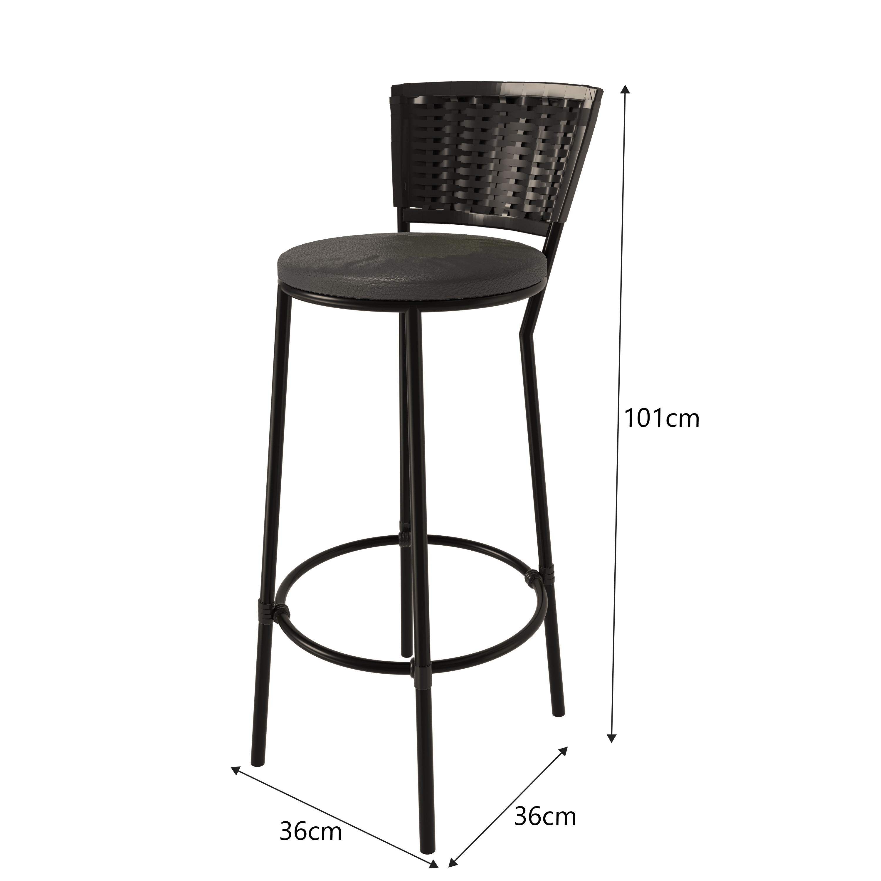 Banqueta Alta Preta com Encosto Junco, Aço Carbono, Assento Estofado D28-ideal para Cozinha e Balcão