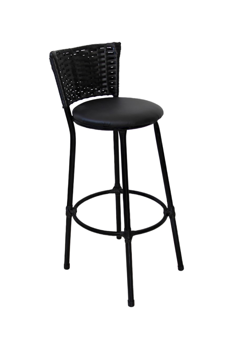 Banqueta Alta Preta com Encosto Junco, Aço Carbono, Assento Estofado D28-ideal para Cozinha e Balcão