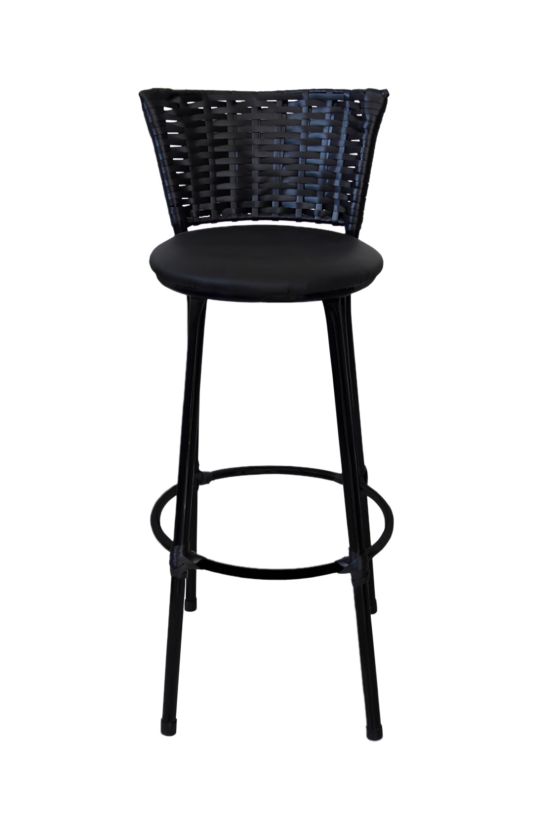 Banqueta Alta Preta com Encosto Junco, Aço Carbono, Assento Estofado D28-ideal para Cozinha e Balcão