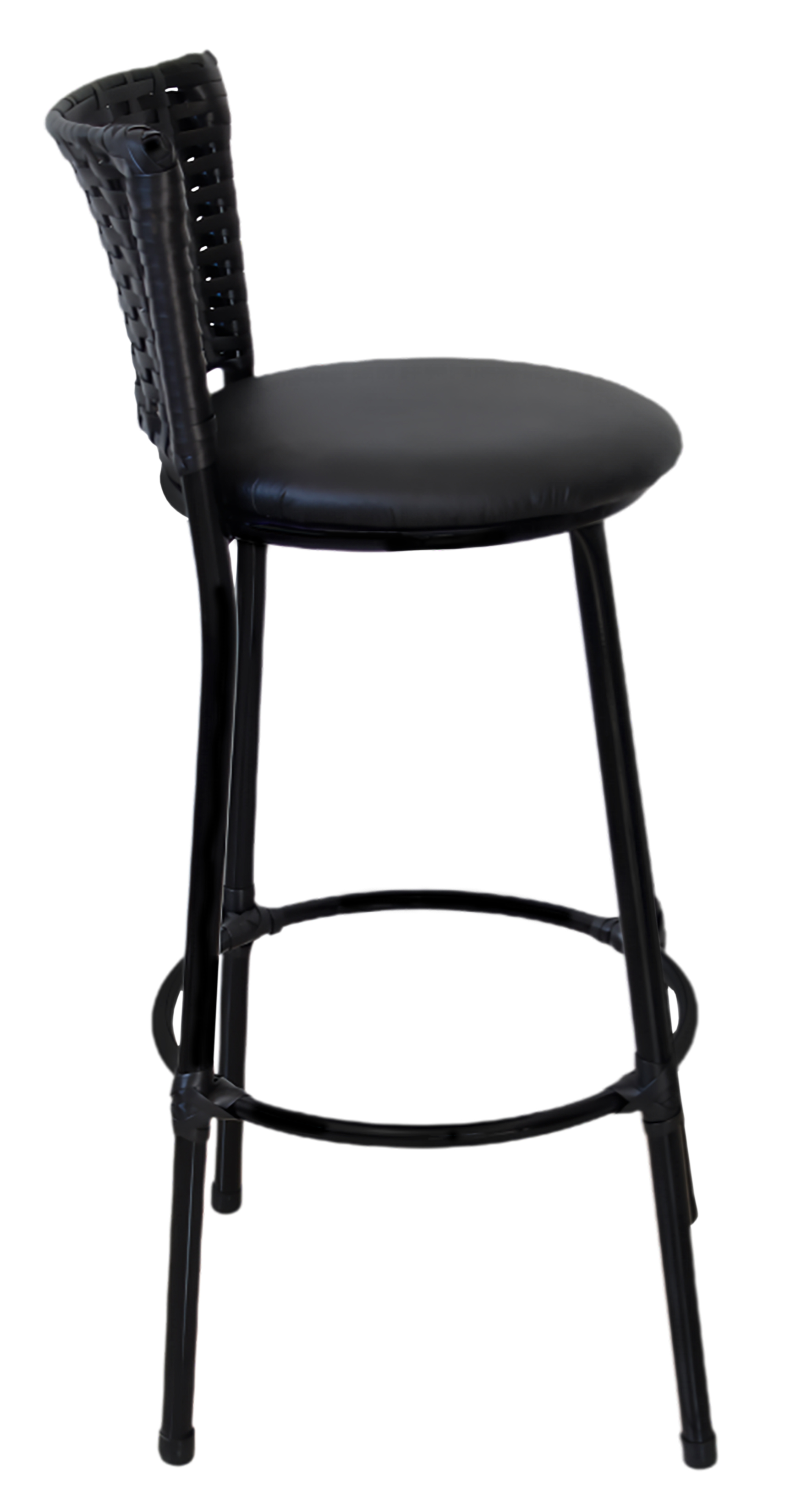 Banqueta Alta Preta com Encosto Junco, Aço Carbono, Assento Estofado D28-ideal para Cozinha e Balcão