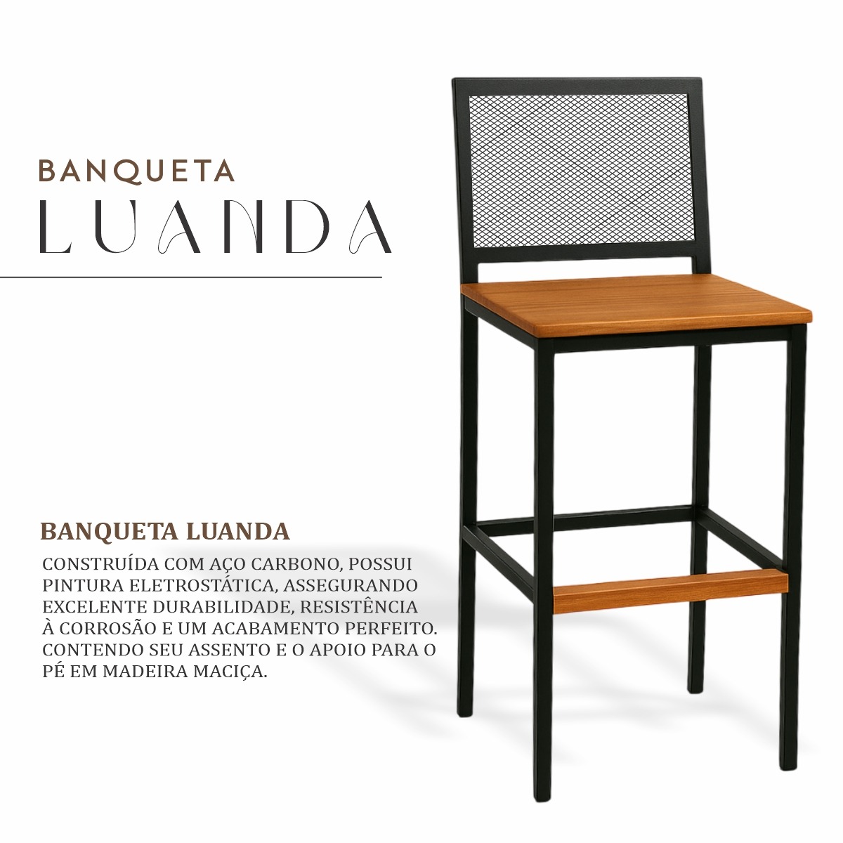 Banqueta Alta com Encosto Aço Preto e Assento Madeira Demolição para Cozinha, Ilha ou Área Gourmet