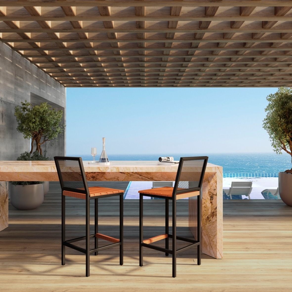 Banqueta Alta com Encosto Aço Preto e Assento Madeira Demolição para Cozinha, Ilha ou Área Gourmet