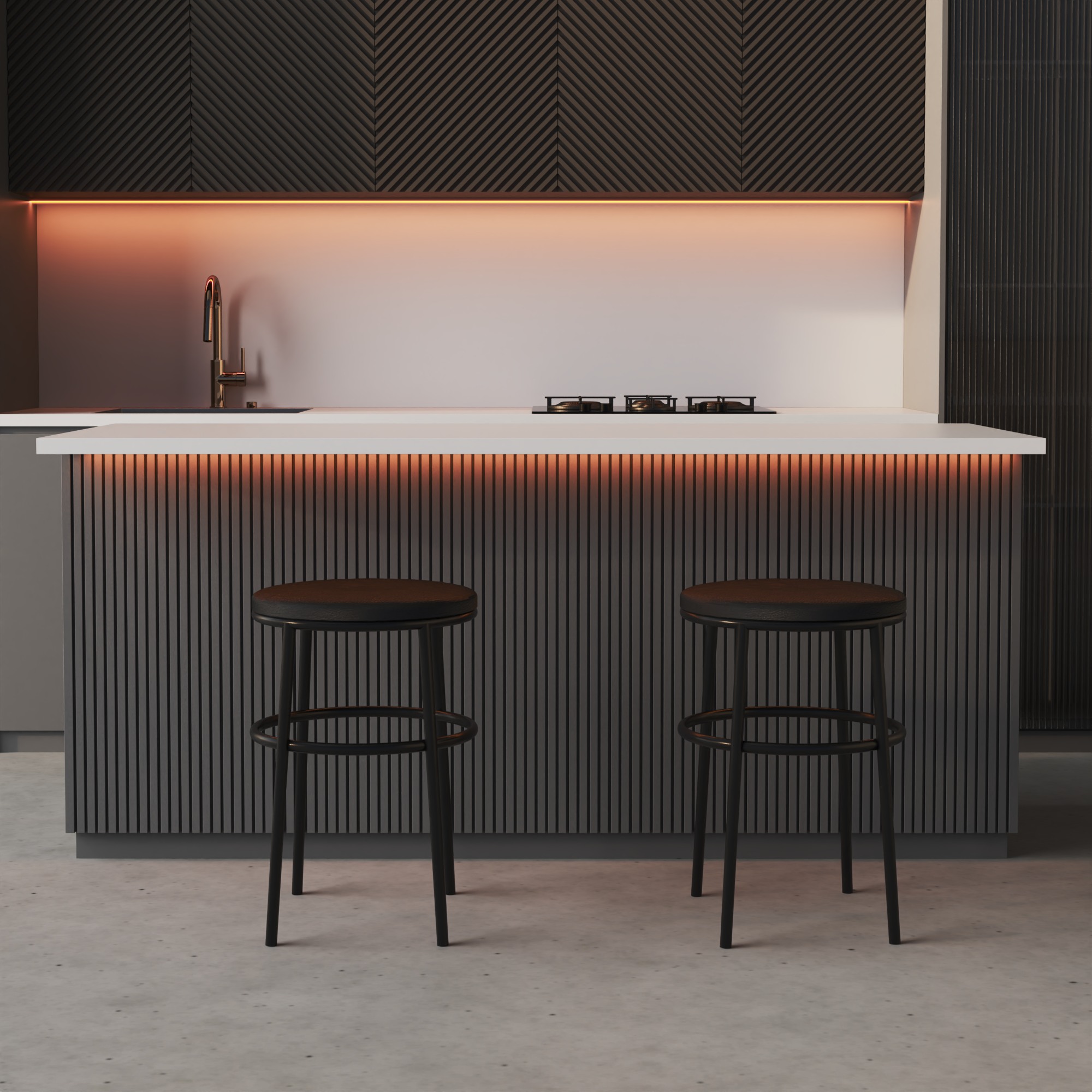 Banqueta Itália Redonda Estofada 65cm Aço Preto e Corino Impermeável - para Cozinha e Bar
