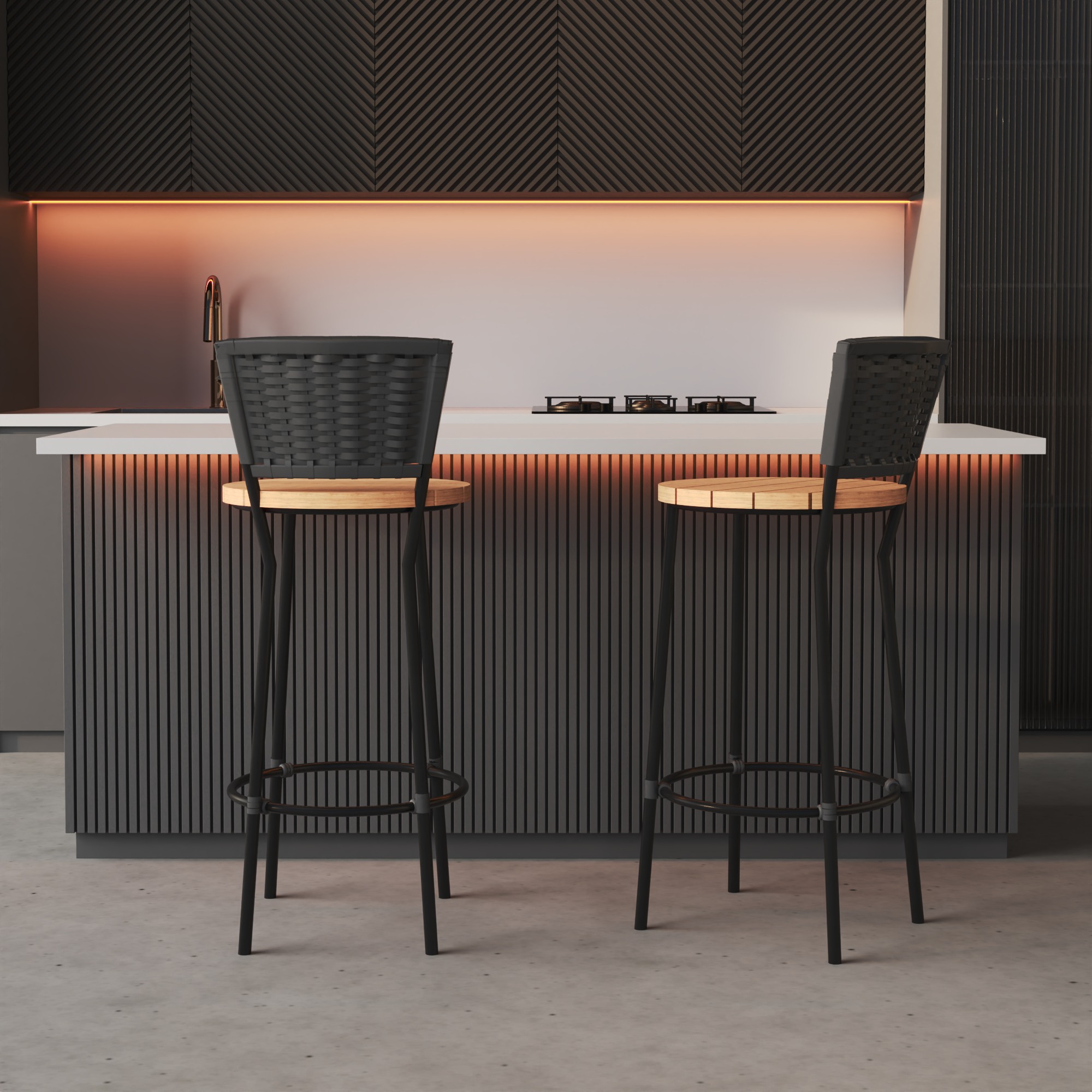 Banqueta Premium Alta em Aço Assento Madeira Peroba Rosa - Encosto em Junco Preto