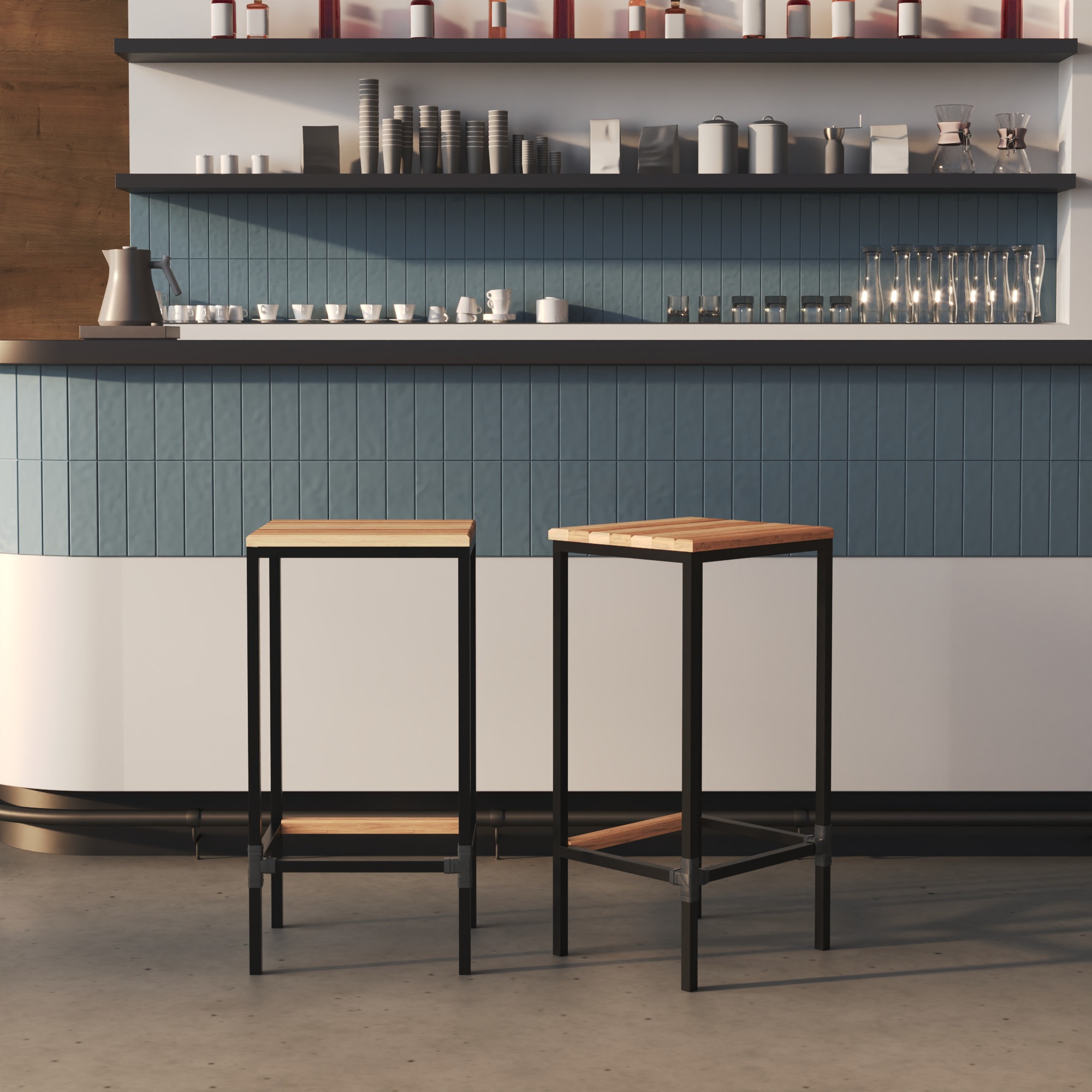 Banqueta em Aço Alta Industrial com Assento de Madeira Maciça 75cm Preto