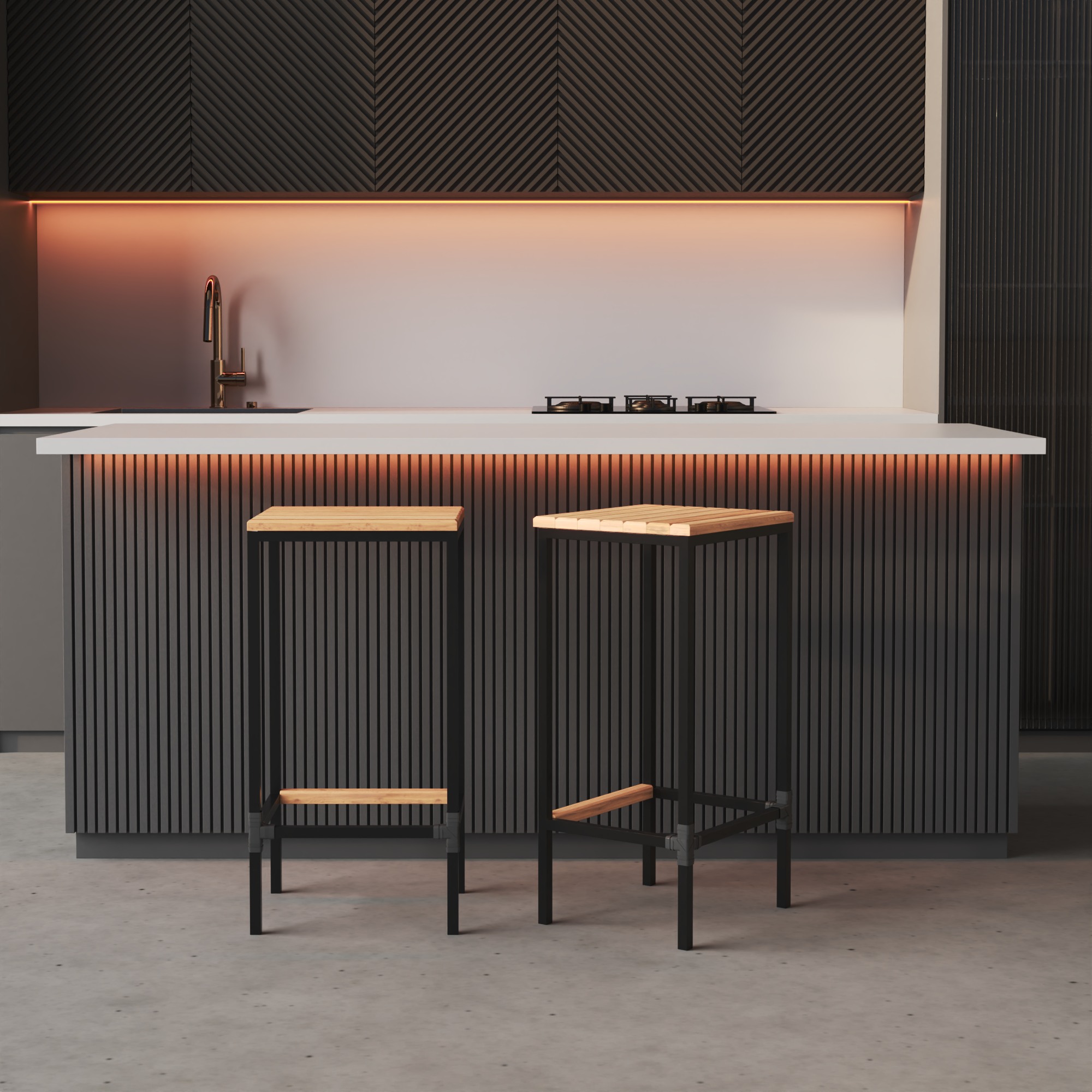 Banqueta em Aço Alta Industrial com Assento de Madeira Maciça 75cm Preto