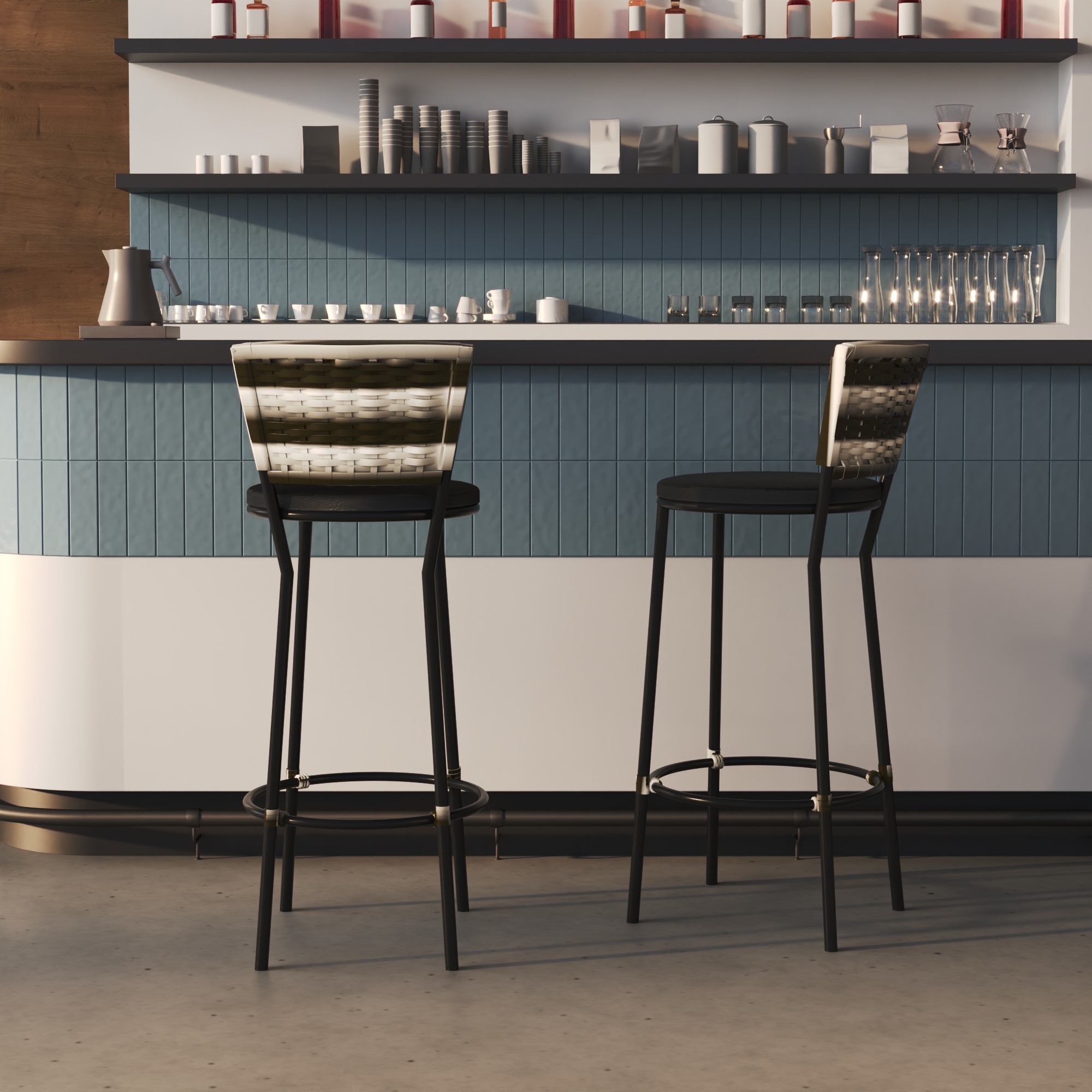 Conjunto 2 Banqueta Alta com Encosto Junco Cappuccino, Aço Carbono, Assento Estofado D28
